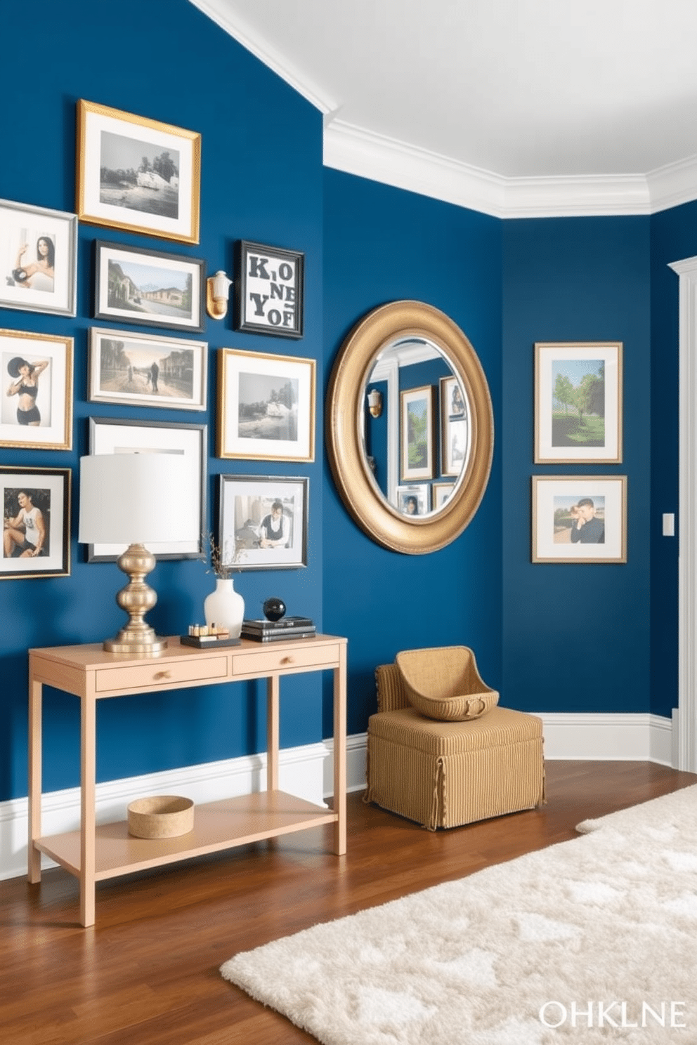 A classic blue foyer features a stunning gallery wall adorned with a curated selection of framed artwork and photographs. The walls are painted in a rich, deep blue, creating a welcoming atmosphere that draws the eye to the vibrant display. The foyer is complemented by a sleek console table in a light wood finish, topped with decorative objects and a stylish lamp. A plush area rug in neutral tones anchors the space, while a statement mirror above the table enhances the sense of depth and light.