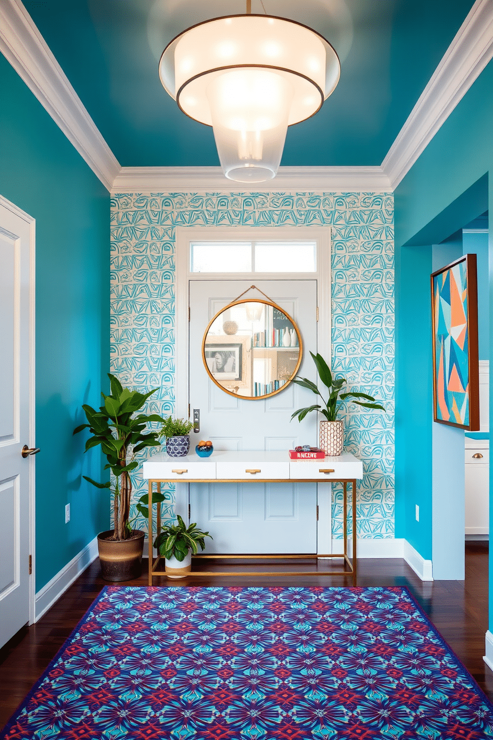 A bright azure foyer features whimsical patterns that create an inviting atmosphere. The walls are adorned with playful geometric designs, while a statement light fixture hangs above a sleek console table. The floor is covered with a vibrant patterned rug that complements the blue color scheme. Potted plants are strategically placed to bring a touch of greenery, enhancing the lively ambiance of the space.