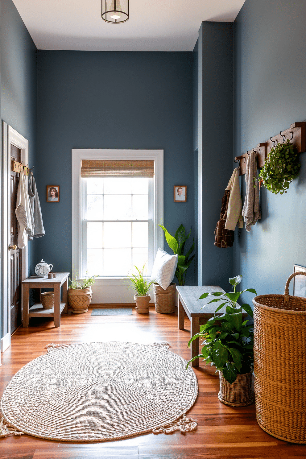 A serene foyer featuring muted denim blue walls that create a calming atmosphere. Rustic decor elements include a reclaimed wood bench, a vintage coat rack, and an oversized woven basket for storage. Natural light floods the space through a large window, highlighting a textured jute rug on the hardwood floor. Accents of greenery are added with potted plants placed strategically around the room, enhancing the inviting ambiance.