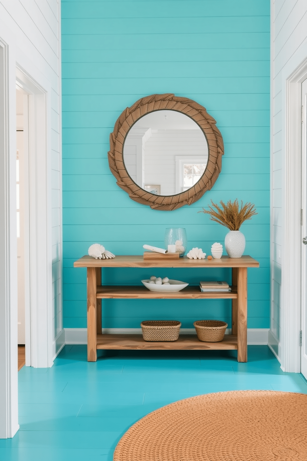 A bright turquoise foyer welcomes guests with its vibrant coastal elements. The walls are adorned with shiplap, while a woven jute rug adds texture underfoot, creating a breezy, inviting atmosphere. A large, round mirror with a driftwood frame hangs above a sleek console table made from reclaimed wood. Nautical-themed decor, such as seashells and coral accents, are thoughtfully placed to enhance the coastal charm.