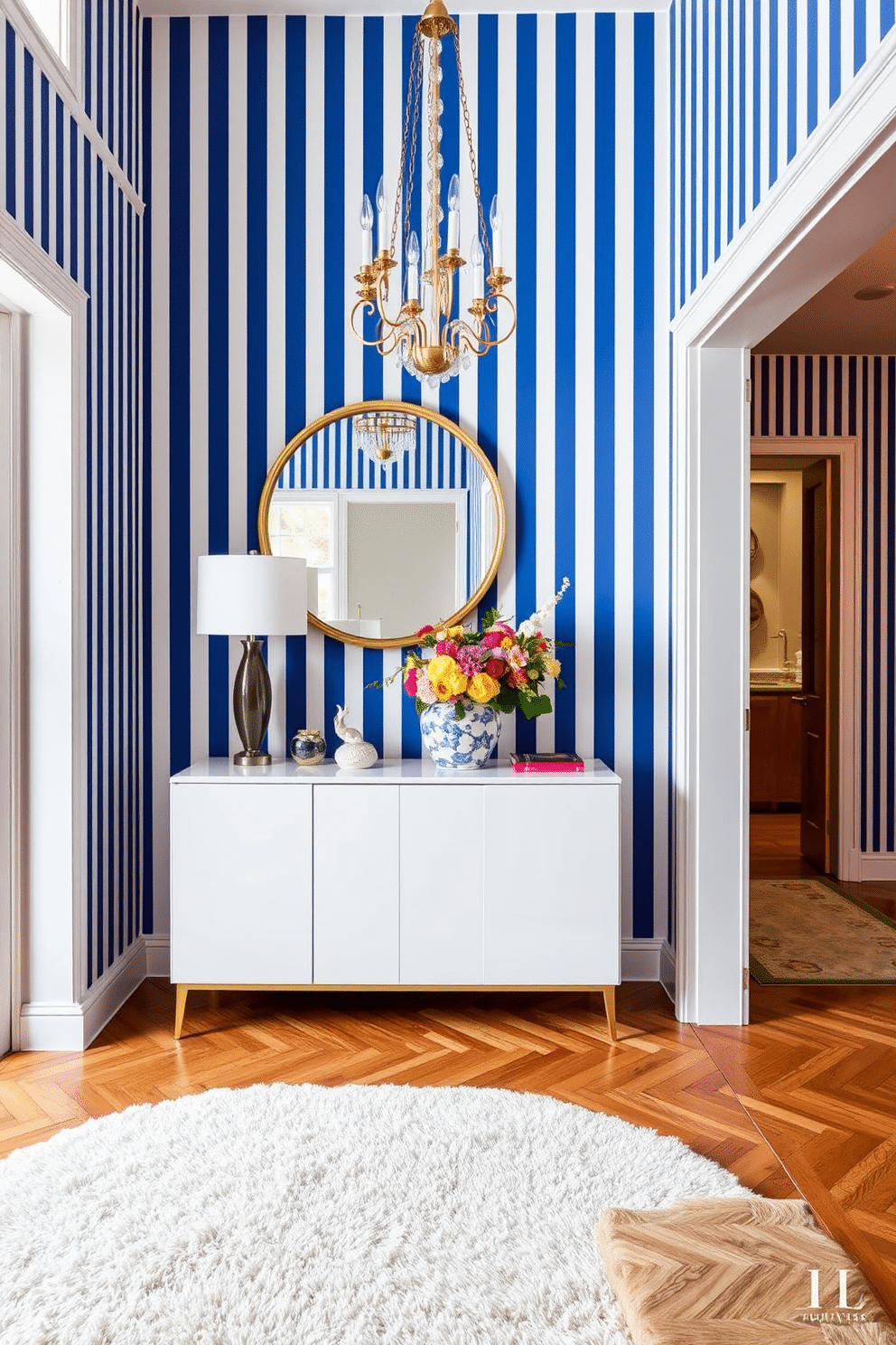 A classic blue and white striped wallpaper adorns the walls of a spacious foyer, creating a timeless and elegant atmosphere. The foyer features a sleek console table with a polished white surface, topped with decorative objects and a vibrant floral arrangement. A large round mirror with a gold frame hangs above the console, reflecting the light from a stylish chandelier above. The floor is laid with herringbone-patterned wood, complemented by a plush area rug in soft neutrals, enhancing the inviting feel of the space.