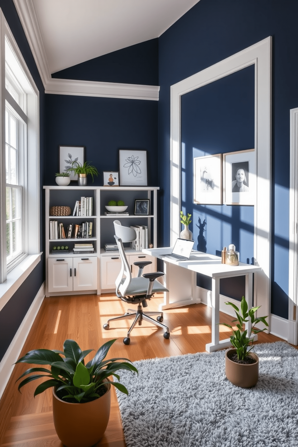 A navy blue accent wall with crisp white trim creates a striking focal point in the home office. The space features a sleek white desk paired with a comfortable ergonomic chair, complemented by a stylish bookshelf filled with decorative items and books. Natural light streams in through large windows, illuminating the room and enhancing the deep blue tones. A plush area rug in soft gray adds warmth, while potted plants bring a touch of nature to the modern workspace.