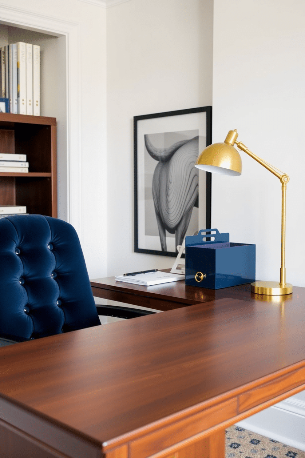 A stylish home office featuring navy and gold desk accessories that exude elegance. The desk is made of rich wood with a sleek finish, complemented by a gold desk lamp and a navy blue organizer set. The walls are painted a soft white, providing a bright backdrop for the deep navy accents. A plush navy chair with gold hardware sits at the desk, adding comfort and sophistication to the workspace.