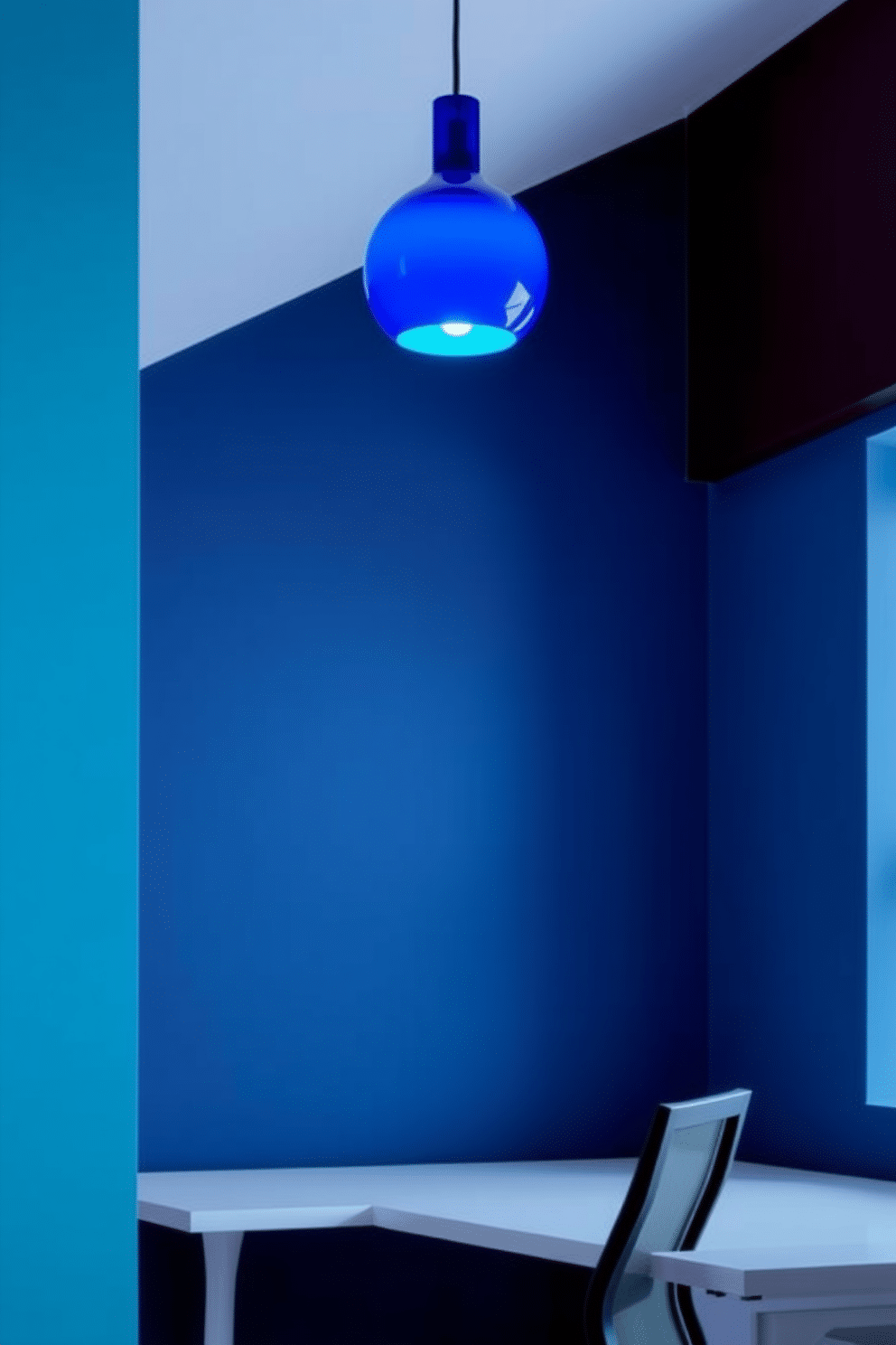 A cobalt blue light fixture hangs elegantly from the ceiling, casting a vibrant glow across the room. The fixture's sleek design complements the modern aesthetic of the space, enhancing the overall ambiance. The home office features a deep blue accent wall that creates a calming backdrop for productivity. A minimalist desk with clean lines sits beneath the light fixture, paired with a stylish ergonomic chair for comfort and style.