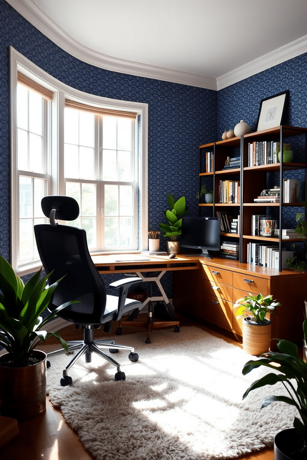 A cozy home office is adorned with blue patterned wallpaper that adds warmth and character to the space. A sleek wooden desk sits against the wall, complemented by a comfortable ergonomic chair and stylish shelving units filled with books and decorative items. Natural light floods the room through large windows, creating an inviting atmosphere for productivity. A plush area rug anchors the space, while potted plants add a touch of greenery and freshness to the design.