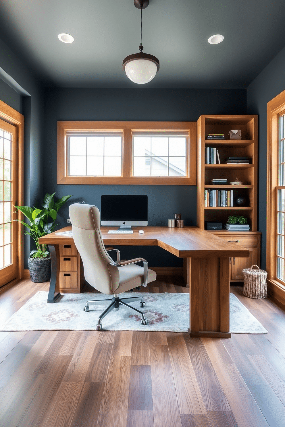 A serene home office featuring slate blue walls that create a calming atmosphere. Warm wood accents are incorporated through a large, rustic desk and shelving, providing a perfect balance of color and texture. A plush, ergonomic chair in a neutral tone complements the desk, while a stylish area rug adds warmth underfoot. Large windows allow natural light to flood the space, enhancing the inviting ambiance.