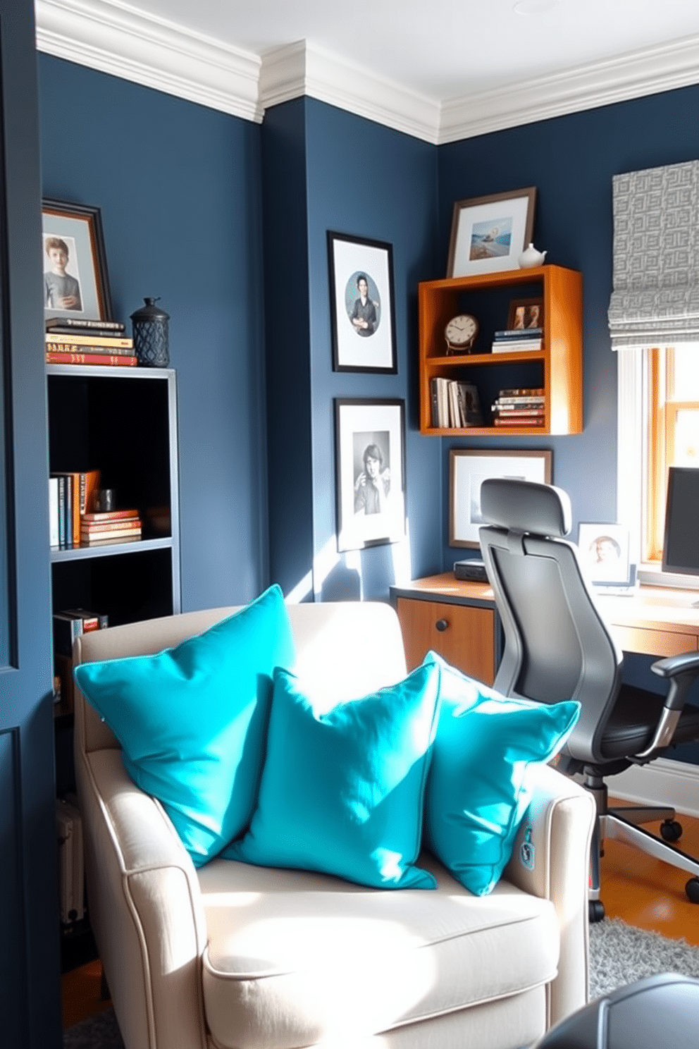 A cozy reading nook features a plush chair adorned with vibrant turquoise throw pillows, inviting relaxation and comfort. Natural light pours in from a nearby window, highlighting the chair's soft fabric and the warm wooden accents of the room. The blue home office is designed for productivity, with a sleek desk positioned against a wall painted in a calming navy hue. A stylish ergonomic chair complements the workspace, while decorative shelves hold books and personal mementos, creating an inspiring atmosphere.