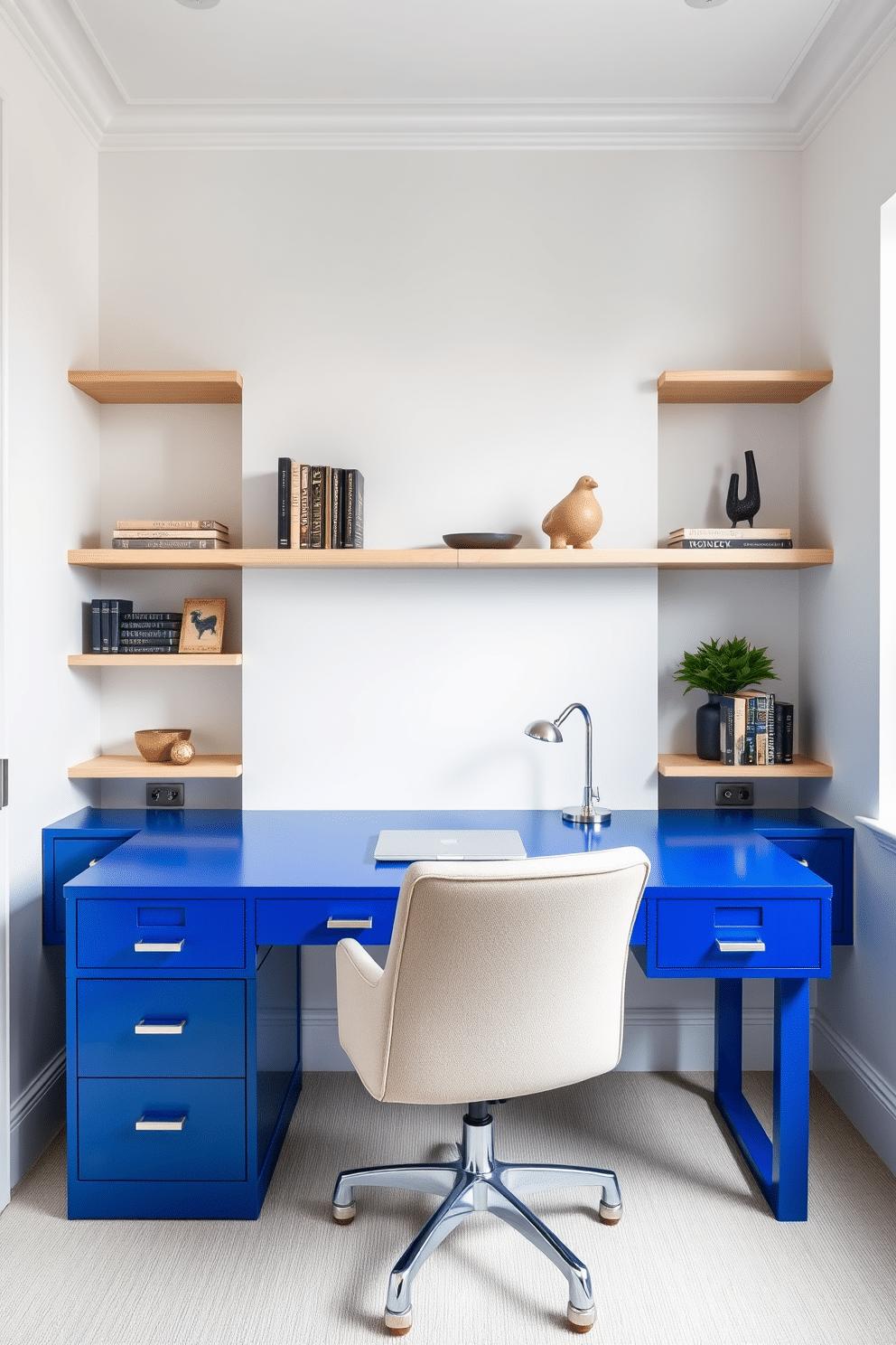 A royal blue desk with sleek silver hardware serves as the focal point of the home office, exuding a sense of elegance and modernity. The walls are painted in a soft white, creating a bright and airy atmosphere that complements the bold color of the desk. Surrounding the desk are minimalist shelves made of light wood, adorned with stylish books and decorative items. A plush, ergonomic chair in a neutral tone provides comfort, while a large window allows natural light to flood the space, enhancing productivity and creativity.