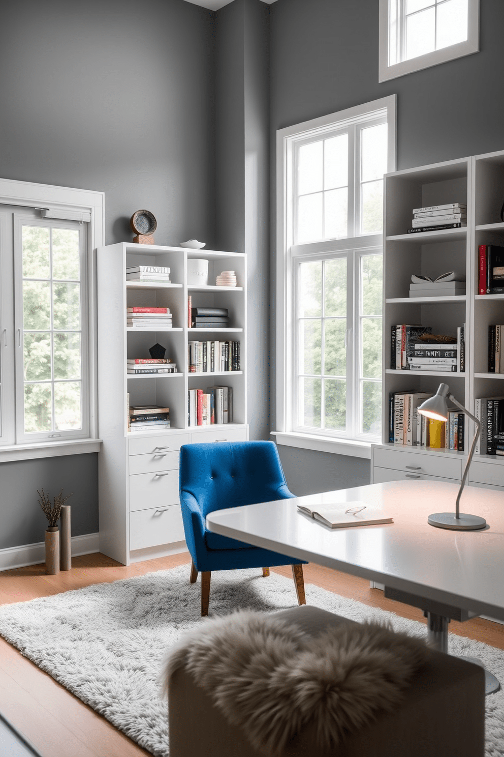 A serene home office featuring a sapphire blue accent chair in the corner, adding a pop of color to the space. The walls are painted in a soft gray, complemented by a sleek white desk and modern shelving units filled with books and decorative items. Natural light floods the room through large windows, enhancing the calming atmosphere. A plush area rug in neutral tones anchors the space, while a stylish desk lamp provides focused lighting for work tasks.