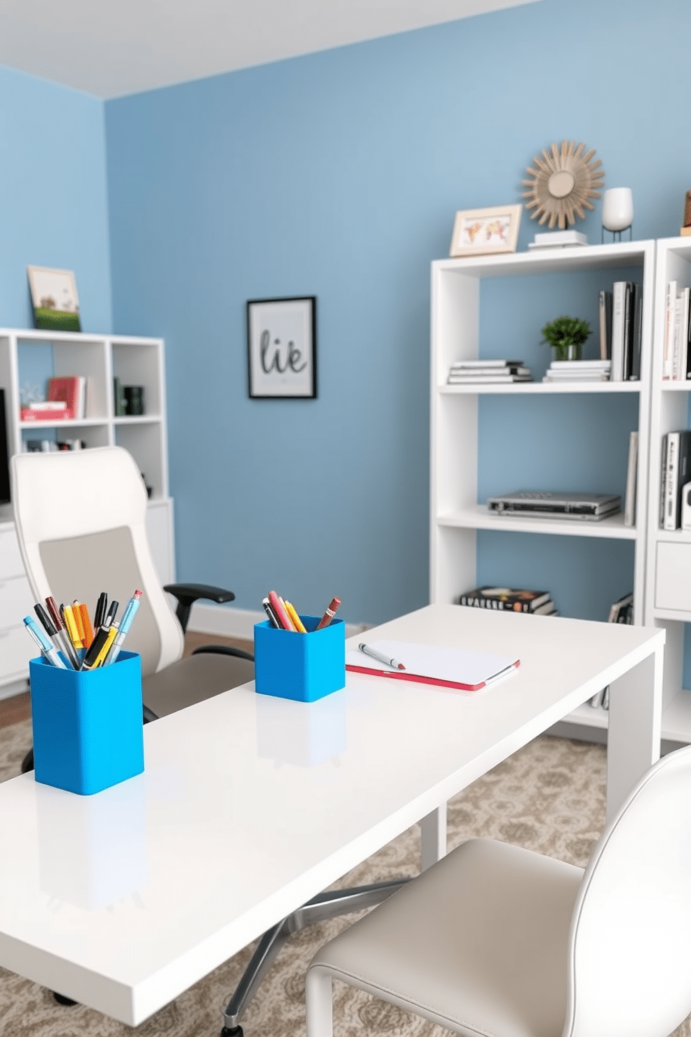 A bright blue desk organizer sits prominently on a sleek white desk, adding a pop of color while neatly holding pens, notes, and office essentials. The surrounding home office features a calming blue accent wall, complemented by a comfortable ergonomic chair and stylish shelving units filled with books and decorative items.