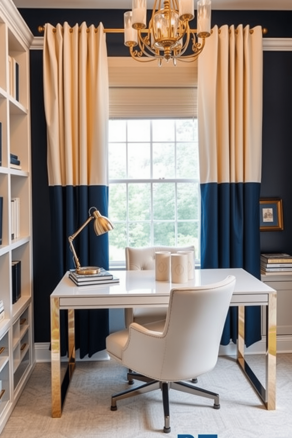 A stylish home office featuring a navy blue accent wall paired with cream-colored furniture. A sleek desk with gold hardware sits in front of a large window, which is dressed with sheer cream curtains that allow natural light to filter in. The office chair is upholstered in a luxurious cream fabric, providing comfort and elegance. Bookshelves with a mix of navy blue and cream decor items line one side of the room, adding personality and warmth to the space.