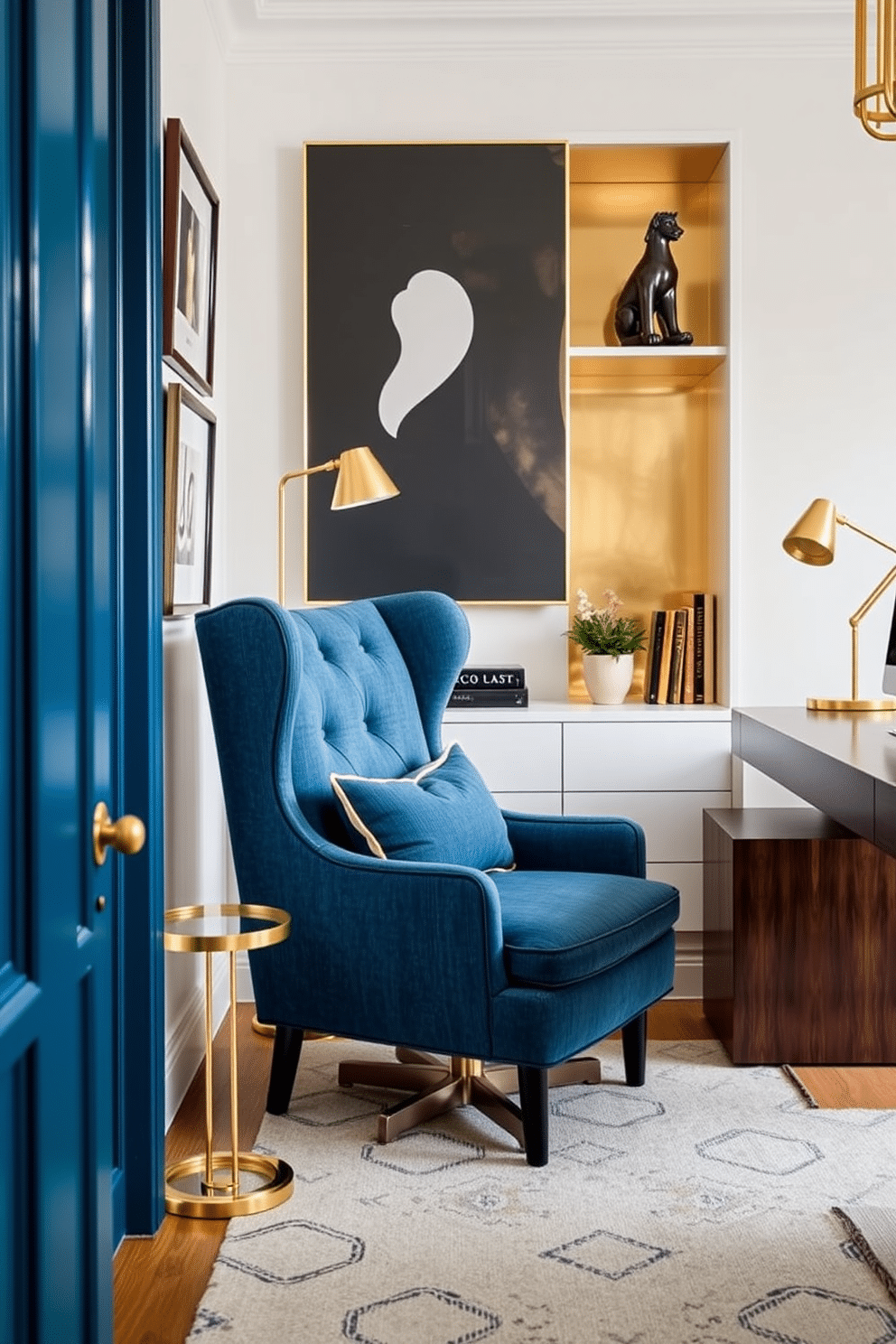 A stylish home office featuring a denim blue upholstered chair that adds a pop of color to the space. The walls are painted in a soft white, complemented by a sleek wooden desk and stylish brass accents throughout the room.