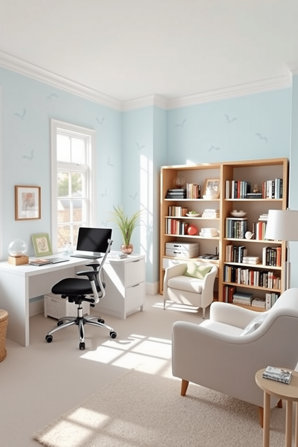 A bright and airy home office featuring light blue wall decals that add a playful touch to the space. The room is furnished with a sleek white desk and a comfortable ergonomic chair, complemented by a cozy reading nook with a plush armchair. Natural light floods the room through large windows, enhancing the cheerful ambiance. A stylish bookshelf filled with colorful books and decorative items adds personality to the design.