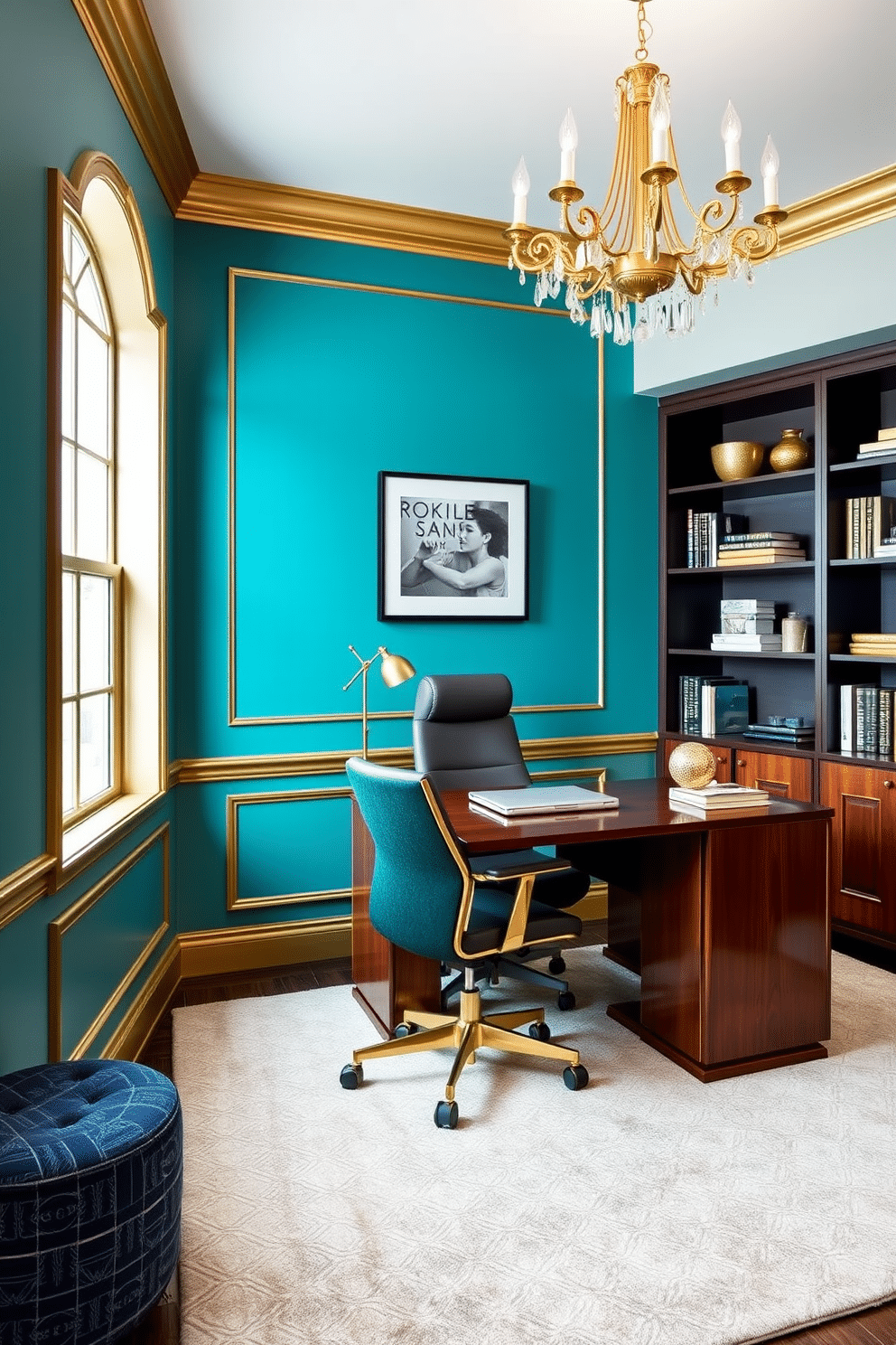 A sophisticated home office featuring a teal accent wall complemented by gold trim around the windows and door. The desk is a sleek, modern design in a rich wood finish, paired with a luxurious gold-accented ergonomic chair. A stylish bookshelf lines one wall, showcasing a curated selection of books and decorative items in gold and teal hues. A plush area rug in a geometric pattern anchors the space, while a statement chandelier in gold adds elegance overhead.