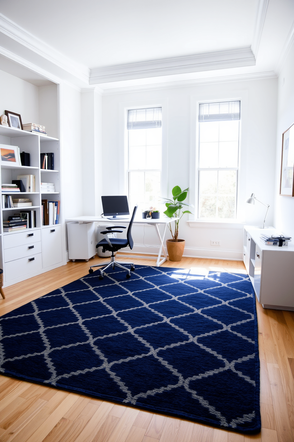 A cozy home office featuring a navy blue area rug adorned with geometric patterns, providing a striking contrast against the light hardwood flooring. The walls are painted a soft white, complemented by a sleek, modern desk with a minimalist design, and an ergonomic chair that enhances comfort and style. Natural light floods the space through large windows, illuminating a bookshelf filled with neatly organized books and decorative items. A potted plant sits in the corner, adding a touch of greenery and freshness to the overall design.