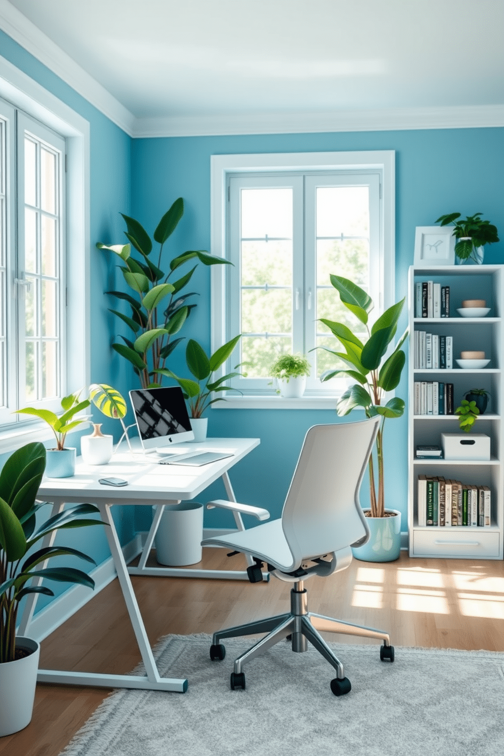 A serene home office setting featuring cerulean blue plants that add a refreshing vibe. The walls are painted in a soft cerulean hue, complemented by a sleek white desk and ergonomic chair, creating an inviting workspace. Natural light floods the room through large windows, highlighting the lush greenery of the plants placed strategically around the space. A modern bookshelf filled with books and decorative items adds personality, while a cozy area rug anchors the room, enhancing comfort and style.