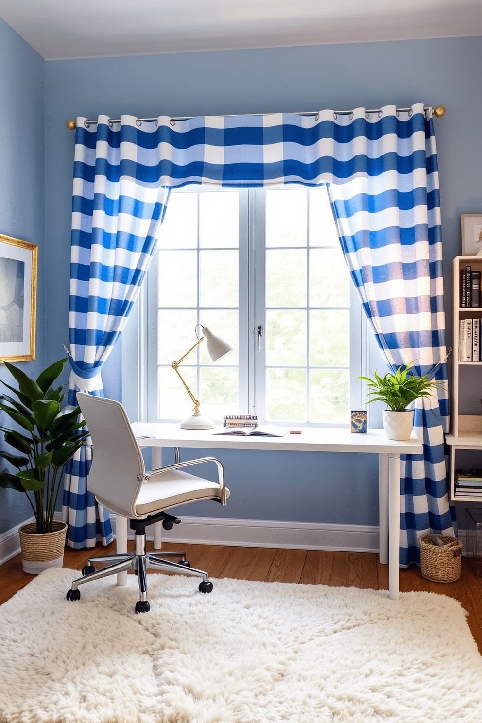 A charming home office featuring blue and white striped curtains that gracefully frame a large window, allowing natural light to flood the space. The walls are painted a soft, calming blue, complemented by a sleek white desk and a comfortable ergonomic chair. On the desk, a stylish desk lamp casts a warm glow, while shelves above are filled with books and decorative items in coordinating colors. A plush area rug anchors the room, adding texture and warmth, while a potted plant brings a touch of nature to the design.