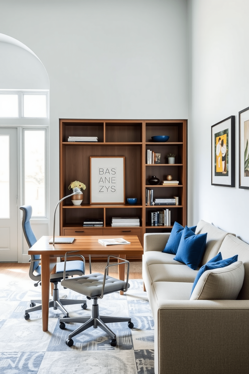 A stylish home office featuring a sleek wooden desk with a minimalist design, complemented by an ergonomic chair in a soft gray fabric. The walls are painted a calming light blue, adorned with framed artwork that adds a pop of color, while indigo accent pillows on a cozy sofa invite relaxation in the corner. Natural light floods the space through large windows, enhancing the serene atmosphere. A modern bookshelf filled with books and decorative items sits against one wall, creating a perfect blend of functionality and aesthetic appeal.