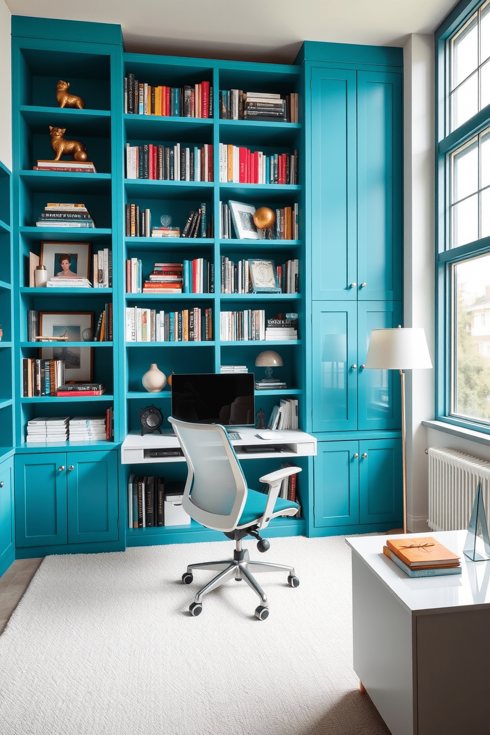 A stylish home office featuring teal bookshelves against a neutral backdrop. The shelves are filled with an array of books and decorative items, creating a vibrant focal point in the room. The office desk is a sleek, modern design in white, paired with a comfortable ergonomic chair. Large windows allow natural light to flood the space, enhancing the calming atmosphere.