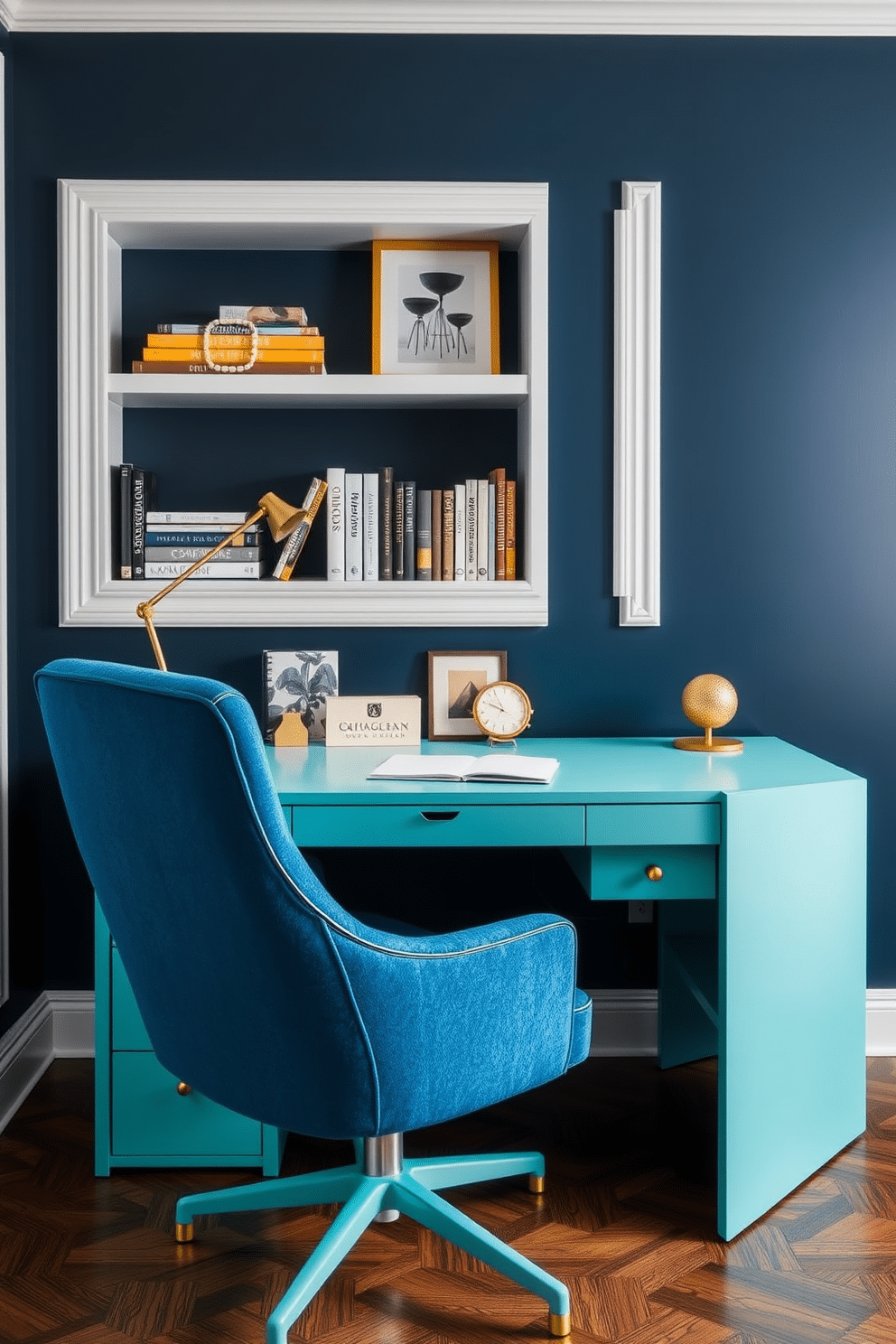 Aqua desk setup featuring a sleek, minimalist desk in a vibrant aqua hue. The workspace is accented with modern elements such as a stylish desk lamp and a geometric bookshelf filled with design books. Blue home office design ideas incorporate deep navy walls paired with crisp white trim. A plush blue ergonomic chair sits at the desk, complemented by gold accents in the decor, creating a sophisticated yet inviting atmosphere.