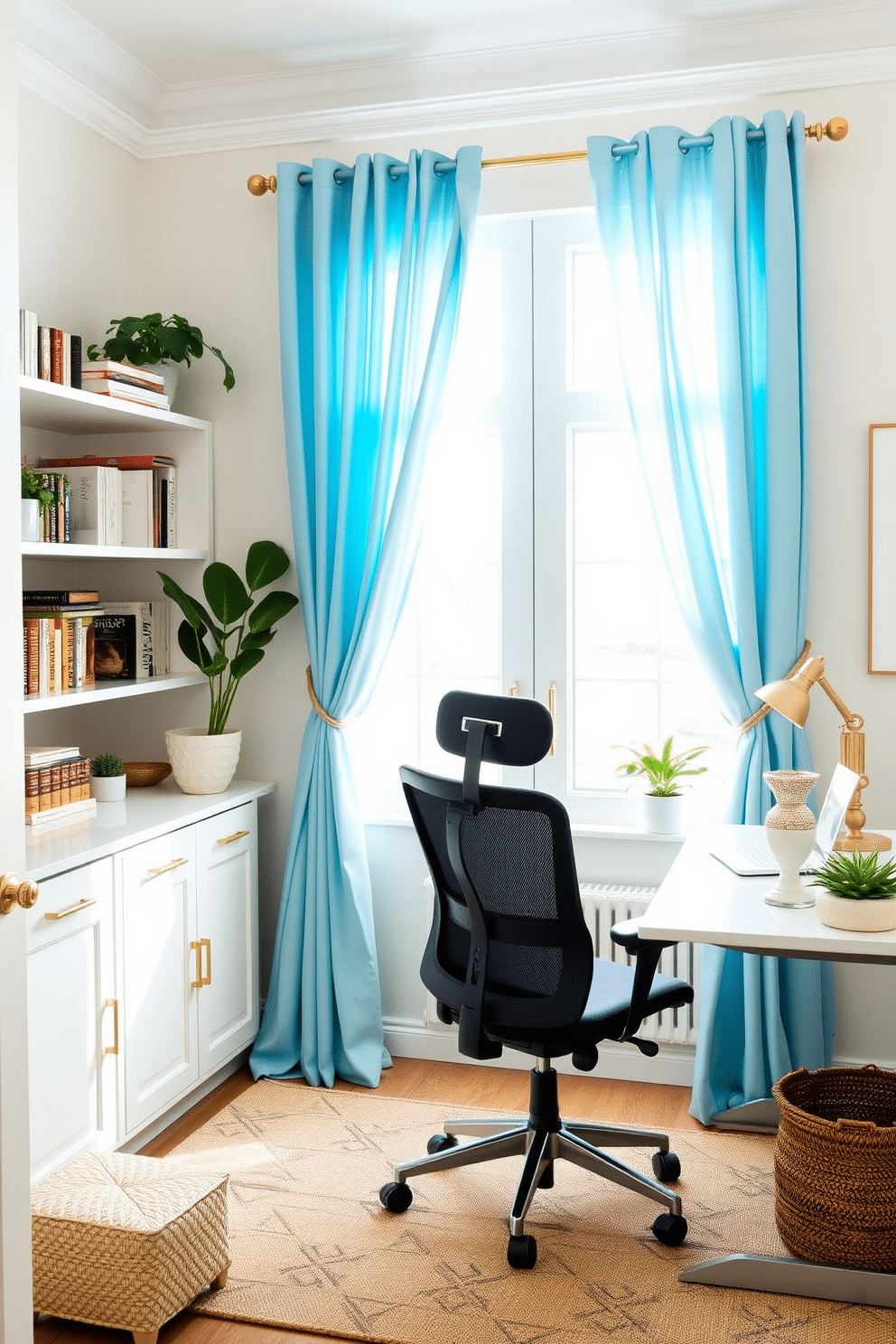 A serene home office featuring sky blue curtains elegantly draped with gold hardware, allowing soft natural light to filter through. The room is styled with a modern desk, a plush ergonomic chair, and decorative accents that enhance the calming atmosphere. The walls are painted in a soft white, creating a bright and airy feel, while a stylish bookshelf filled with books and plants adds character. A cozy rug underfoot complements the overall design, making it an inviting space for productivity and creativity.