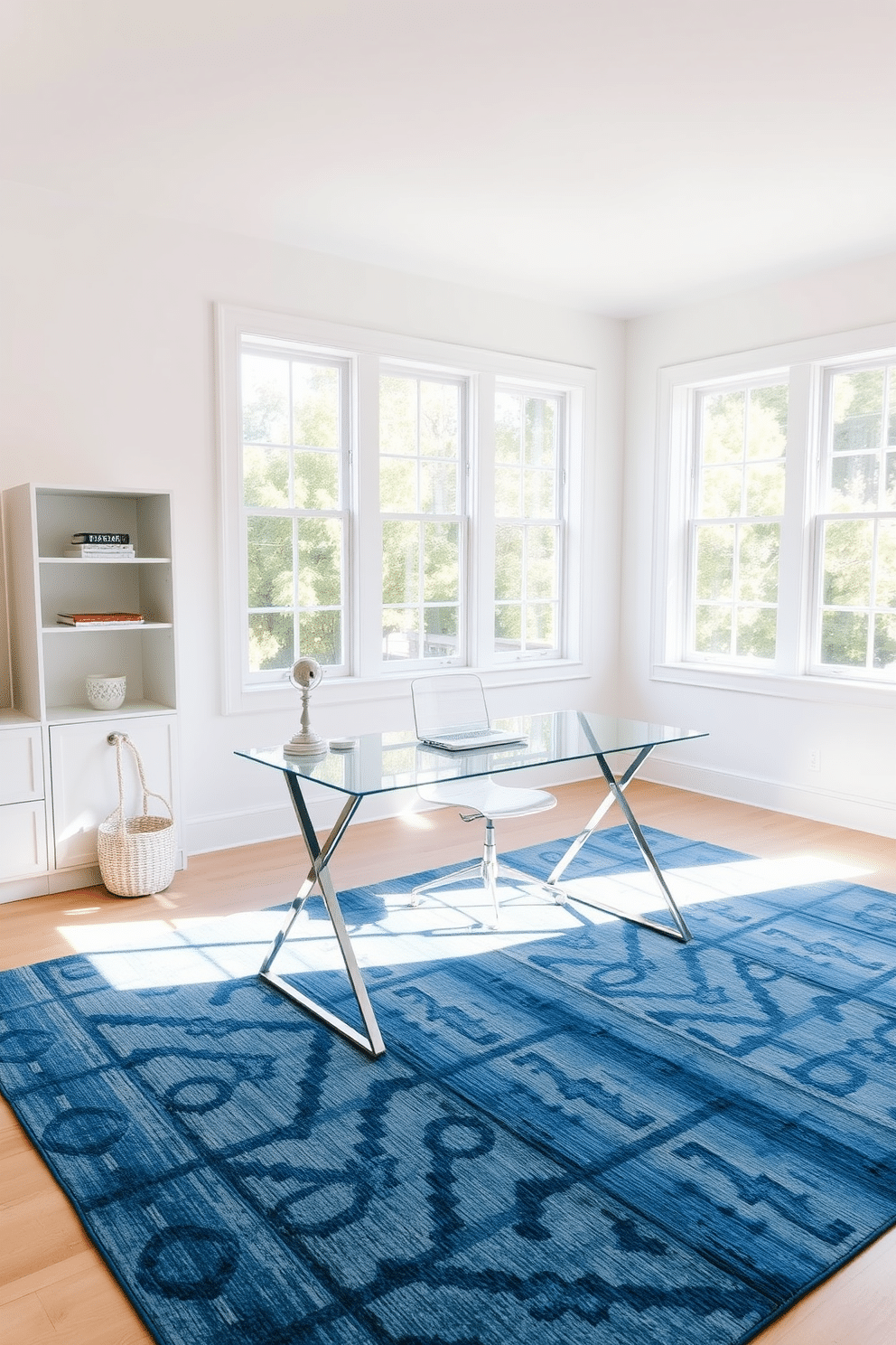 A serene home office setting featuring a glass desk positioned atop an ocean blue rug. The walls are painted in a soft white, creating a bright and airy atmosphere enhanced by natural light streaming through large windows.