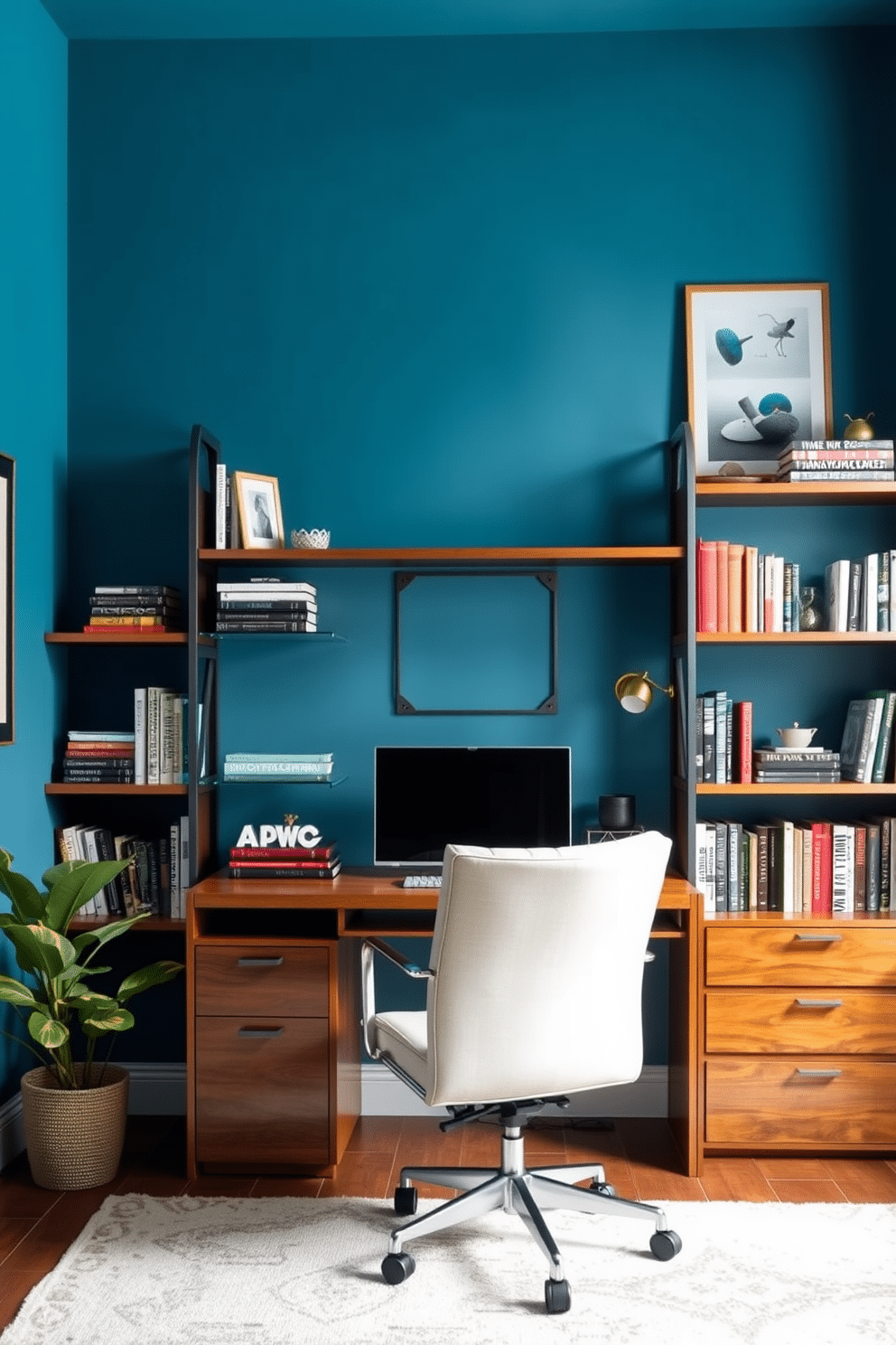 A serene home office featuring cerulean-painted walls that evoke a sense of calm and creativity. The room is adorned with stylish wooden shelving units filled with books and decorative items, providing both functionality and aesthetic appeal.