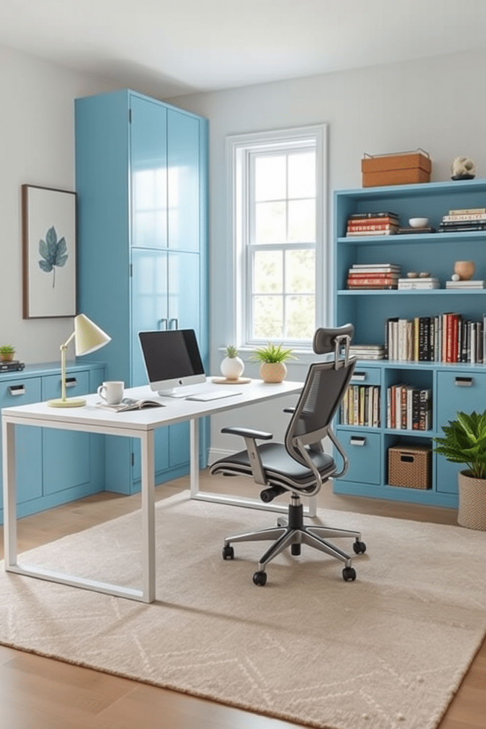 A modern home office featuring powder blue file cabinets that add a vibrant pop of color. The space includes a sleek white desk with a comfortable ergonomic chair, complemented by a stylish bookshelf filled with books and decorative items. Soft natural light floods the room through large windows, enhancing the calming atmosphere. A cozy area rug in neutral tones anchors the space, creating an inviting environment for productivity and creativity.