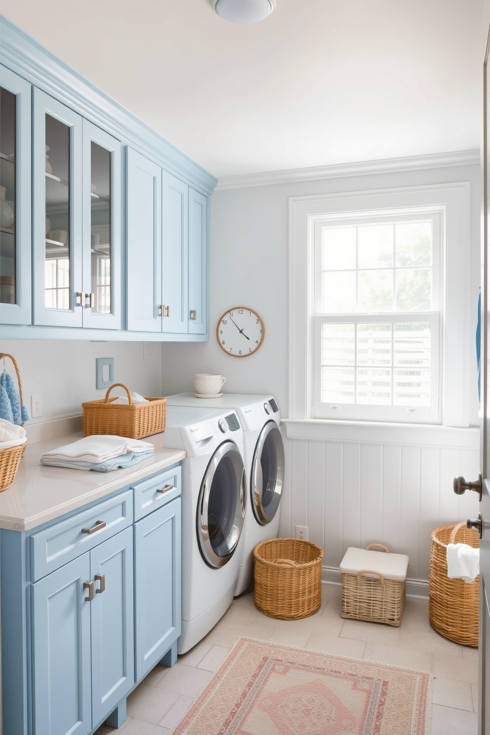 A bright and airy laundry room designed with a coastal theme. Light blue accents are featured throughout, including cabinetry and decorative elements that evoke a serene beach atmosphere. The space includes a spacious countertop for folding clothes, complemented by woven baskets for storage. Natural light floods in through a large window, enhancing the light color palette and creating a welcoming environment.