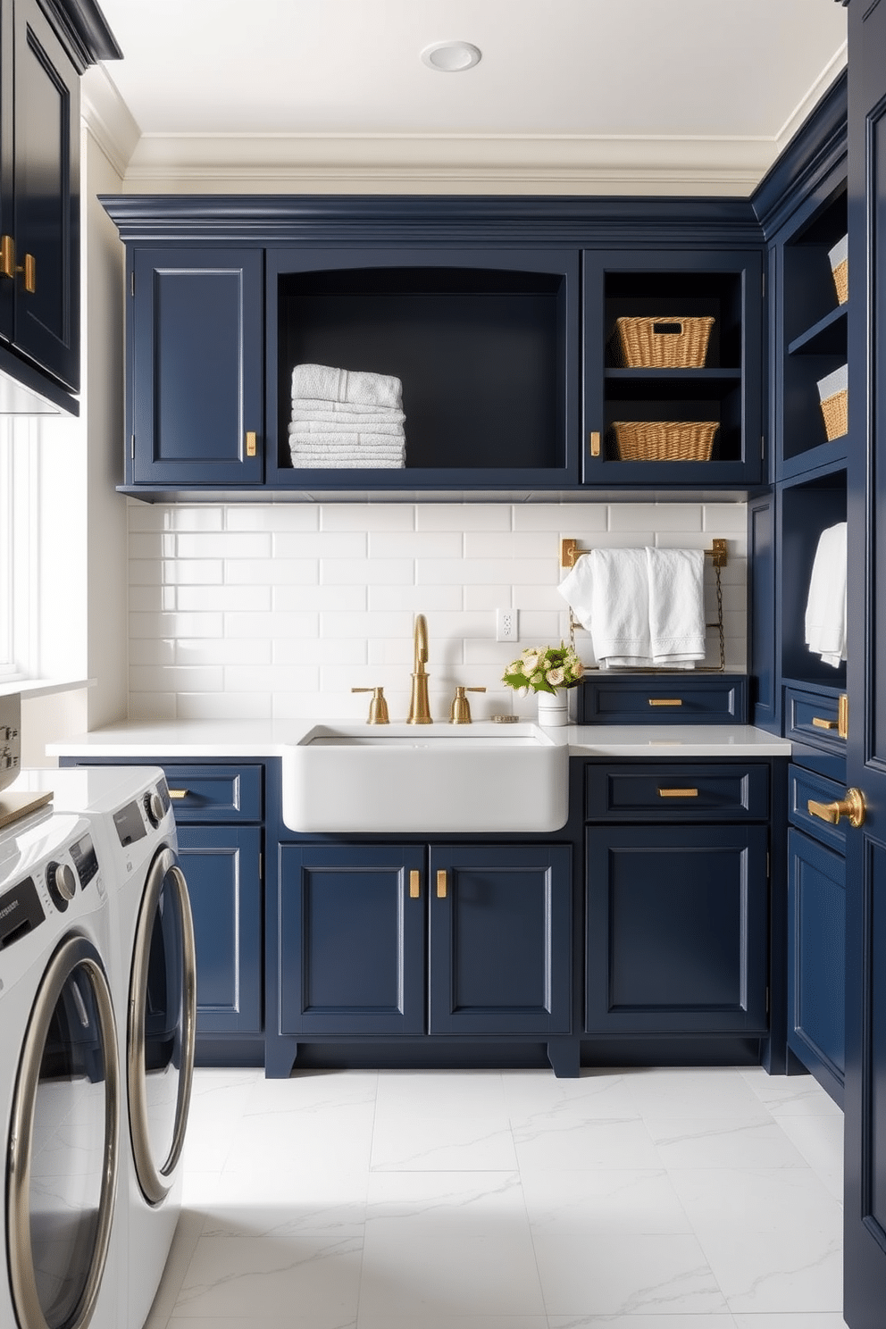 A classic laundry room featuring navy blue cabinetry with gold hardware accents. The space includes a large farmhouse sink surrounded by elegant countertops, complemented by stylish open shelving displaying neatly folded towels and decorative baskets.