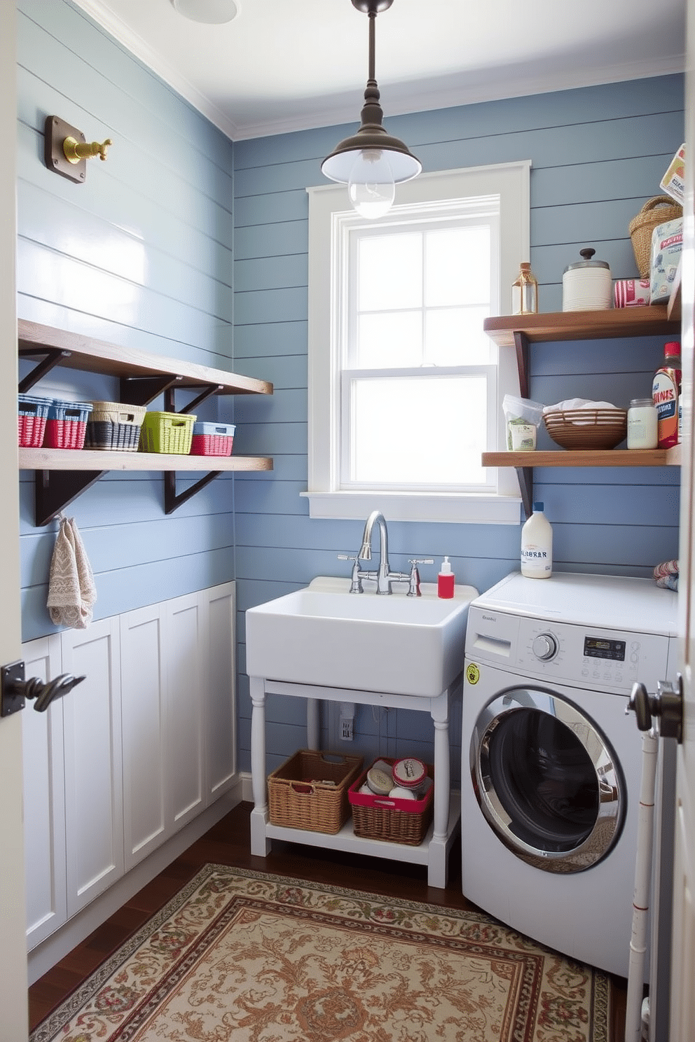 A cozy cottage-style laundry room features blue shiplap walls that create a charming and inviting atmosphere. The space is adorned with rustic wooden shelving, neatly displaying colorful baskets and laundry essentials. A farmhouse sink sits beneath a window, allowing natural light to brighten the room. Vintage-inspired fixtures and a patterned rug add character and warmth to the overall design.