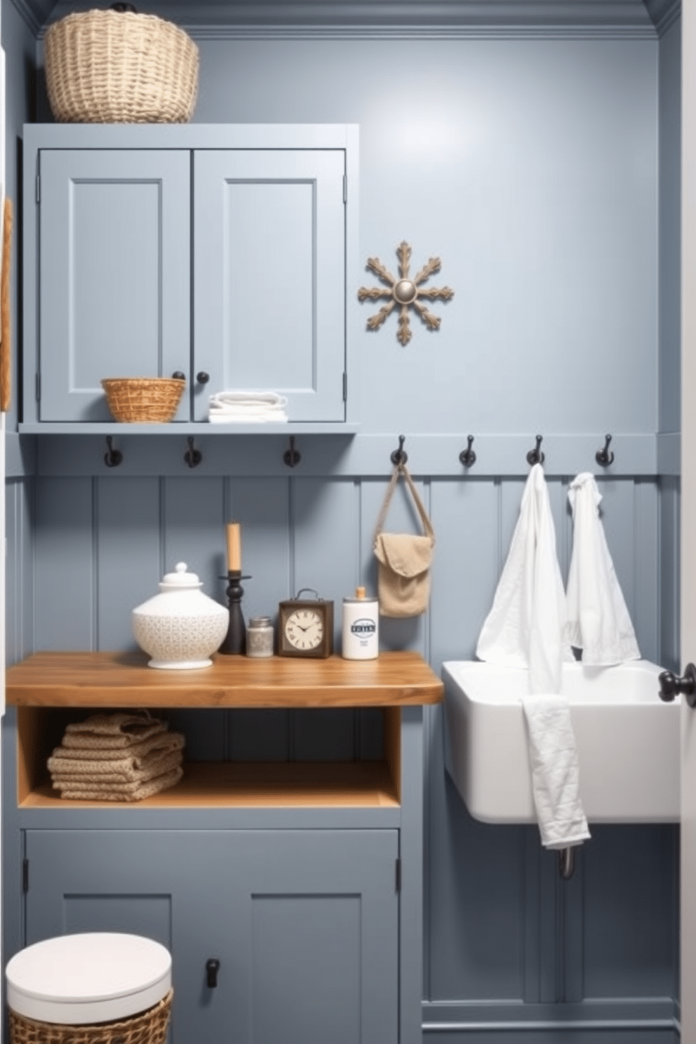 A serene laundry room designed in muted denim blue, featuring vintage accessories that add character and charm. The space includes a classic farmhouse sink, a wooden countertop with open shelving, and antique hooks for hanging freshly laundered items.