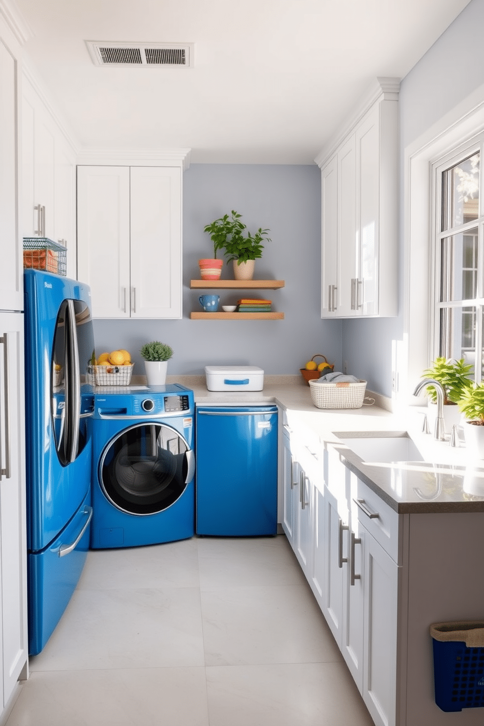 A bright blue laundry room featuring modern appliances that create a striking contrast against crisp white cabinetry. The space is illuminated by natural light streaming through a large window, highlighting the sleek design and organized layout. Complementing the blue appliances, a stylish countertop made of light gray quartz provides ample workspace for folding clothes. Decorative elements like potted plants and colorful storage bins add warmth and personality to the functional area.