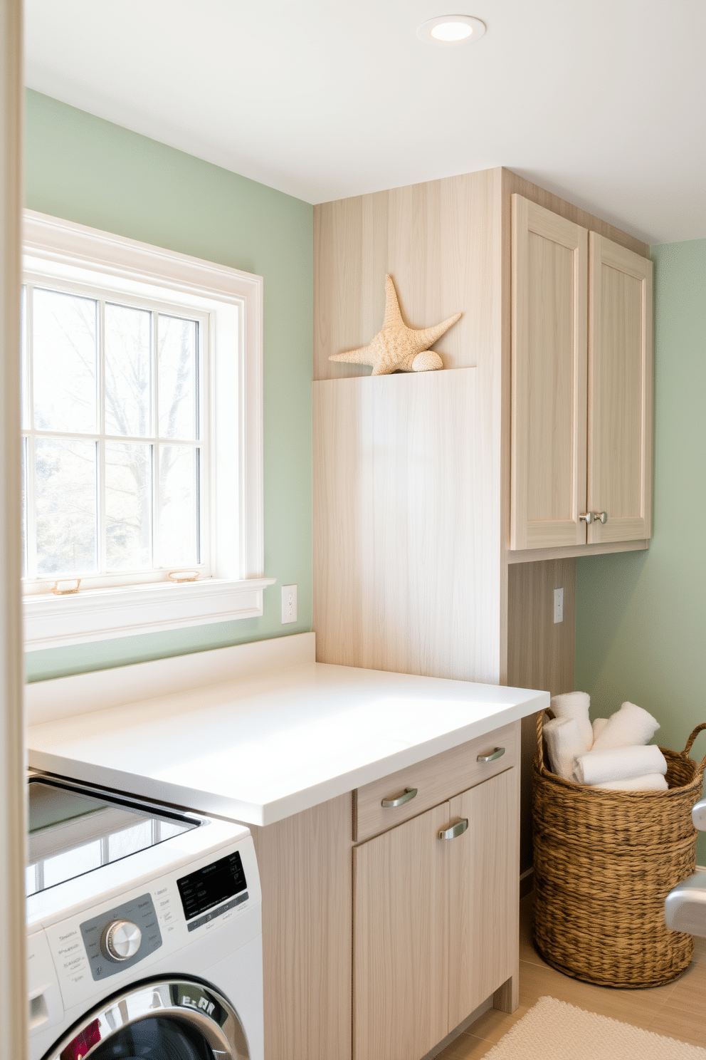 A serene laundry room designed with an ocean-inspired theme. The walls are painted in a soft seafoam green, and seashell accents are artfully arranged on the shelves above a sleek white countertop. The cabinetry features a light, beachy wood finish, complementing the coastal vibe. A large window allows natural light to flood the space, while a woven basket holds beach towels and linens.