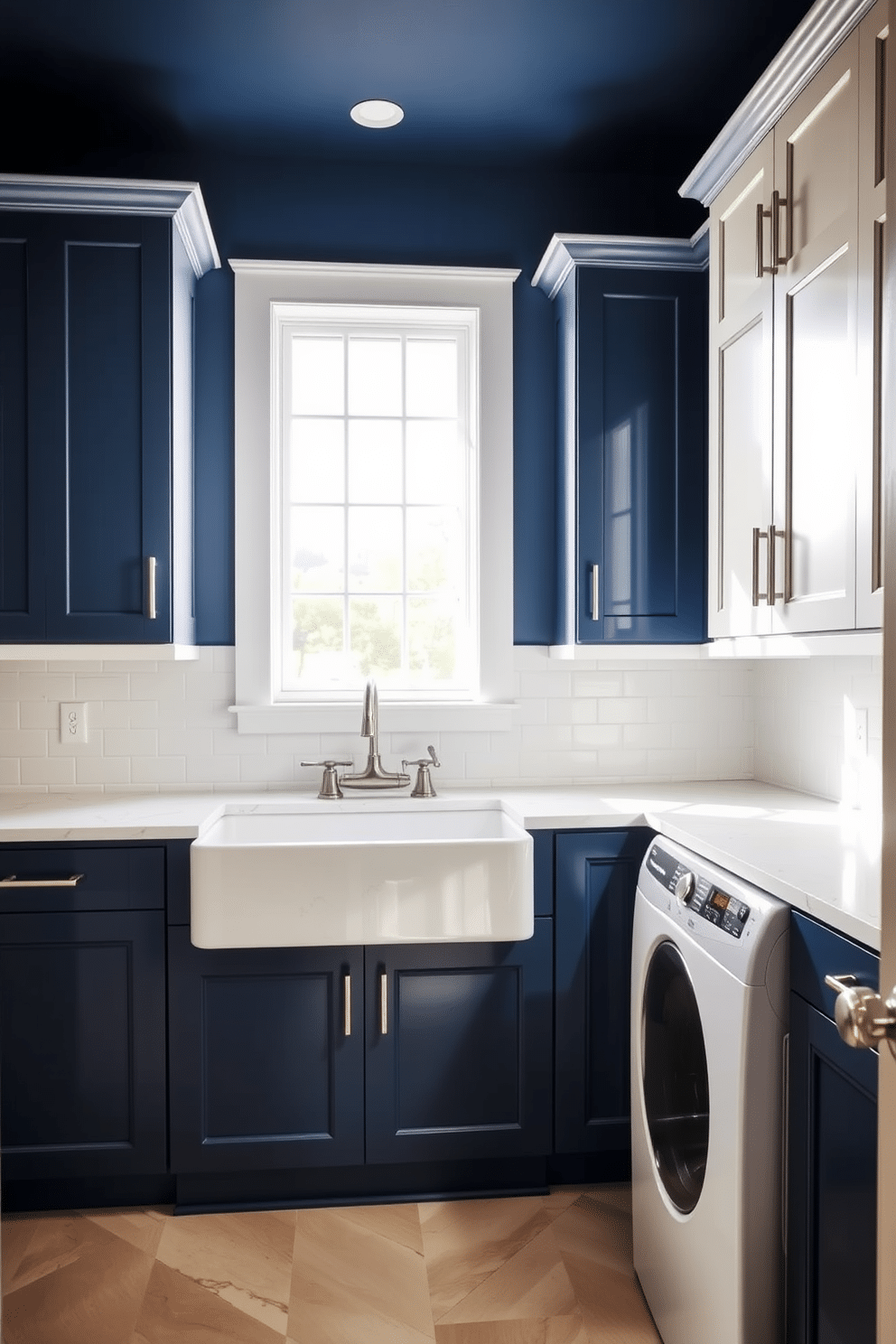 A stylish laundry room featuring two-tone cabinets in navy and white. The navy lower cabinets provide a bold contrast to the crisp white upper cabinets, creating a fresh and modern aesthetic. The space is enhanced with a large farmhouse sink, complemented by brushed nickel fixtures. A patterned backsplash adds visual interest, while natural light floods in through a window, illuminating the room.