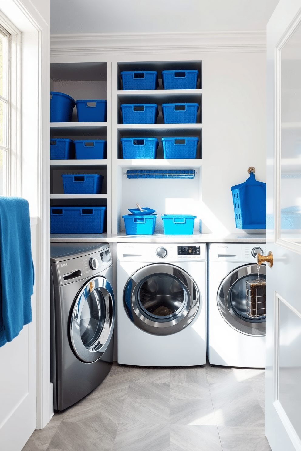 A chic laundry room featuring stylish blue laundry baskets and organizers that complement the overall decor. The walls are painted a soft white, while the floor is adorned with light grey tiles, creating a clean and modern aesthetic. Incorporate built-in shelving to neatly display the blue organizers, adding both functionality and flair. A large window allows natural light to flood the space, enhancing the vibrant blue tones throughout the room.