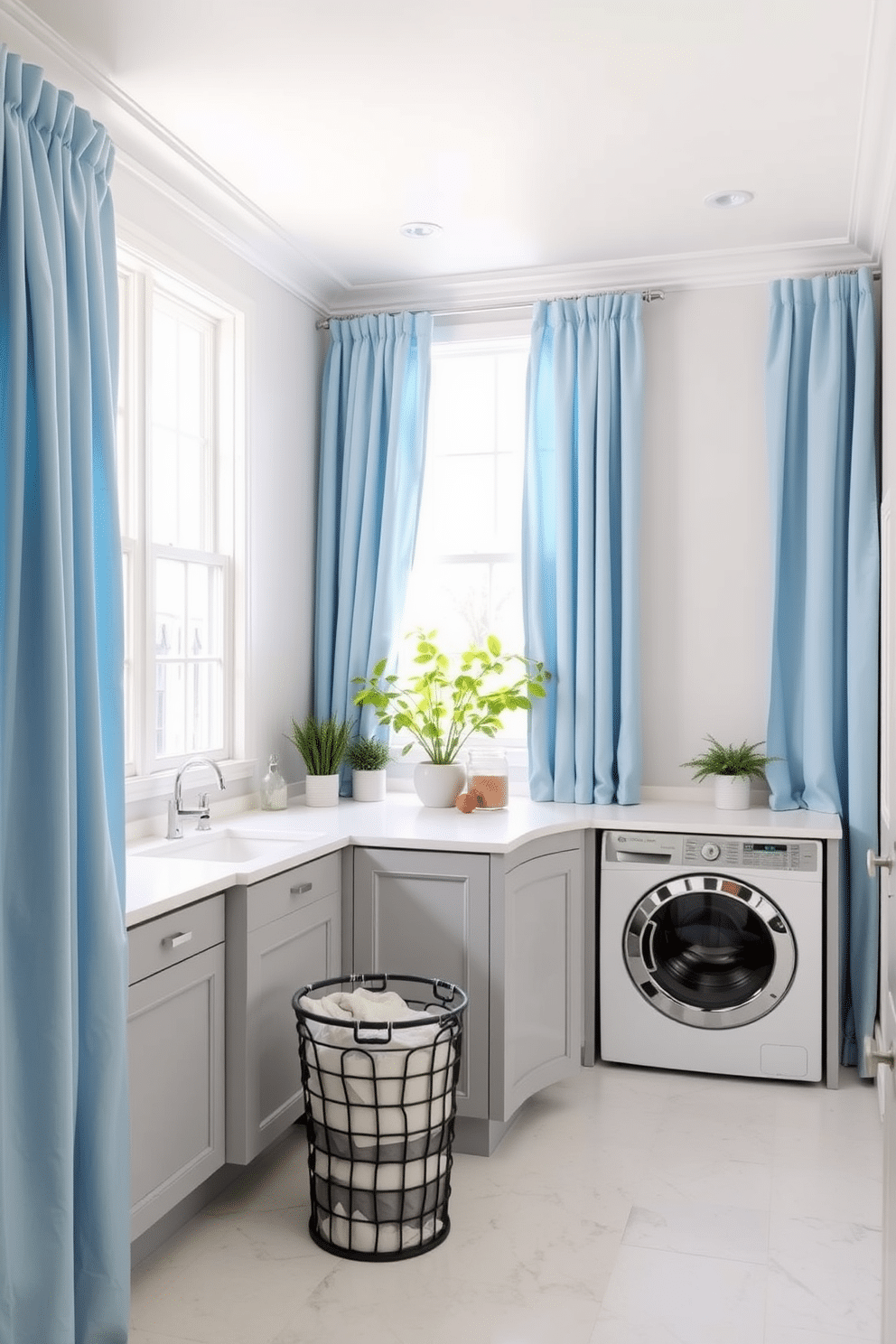 A serene laundry room featuring elegant light blue drapes that softly frame a large window, allowing natural light to filter in. The walls are painted in a crisp white, complementing the blue accents and creating a fresh, airy atmosphere. In the center of the room, a stylish white countertop provides ample space for folding clothes, paired with sleek, modern cabinetry in a soft gray finish. A decorative laundry basket sits in one corner, while potted plants add a touch of greenery to enhance the inviting ambiance.