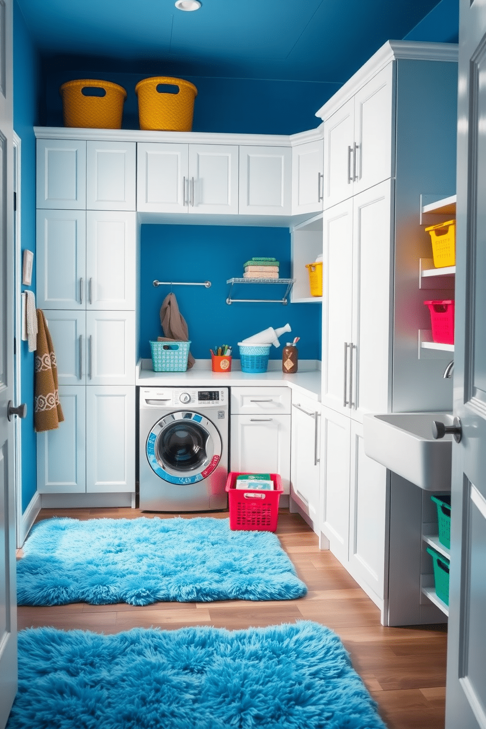 A bright blue laundry room features a cozy atmosphere with plush, bright blue rugs that add comfort underfoot. The space is designed with sleek white cabinetry and a large utility sink, complemented by colorful storage bins that enhance the cheerful vibe.