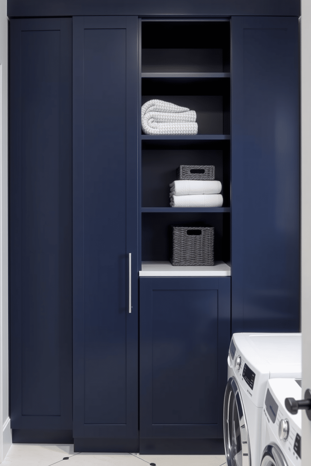 A modern minimalist laundry room features sleek cabinetry in deep navy, seamlessly integrated with a white countertop that provides ample workspace. The walls are painted a soft, light gray, creating a striking contrast with the navy accents, while open shelving displays neatly folded towels and stylish storage baskets.