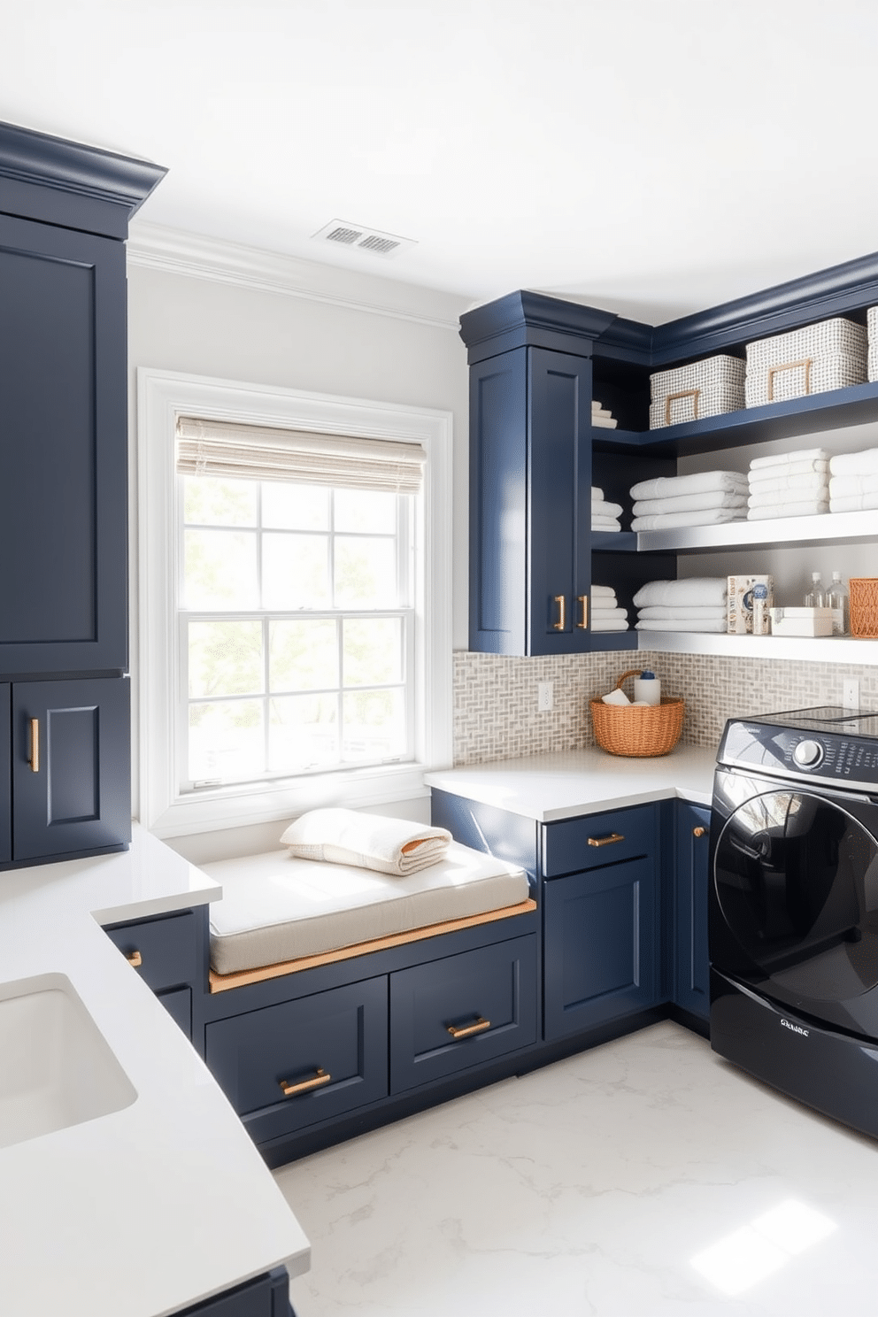 A bright and airy laundry room features navy cabinets that contrast beautifully with sleek white countertops. The space is accented with modern brass hardware and a stylish backsplash that adds a touch of sophistication. Natural light floods in through a large window, illuminating the organized shelving filled with neatly folded linens and laundry supplies. A comfortable bench sits beneath the window, providing a cozy spot for sorting clothes.