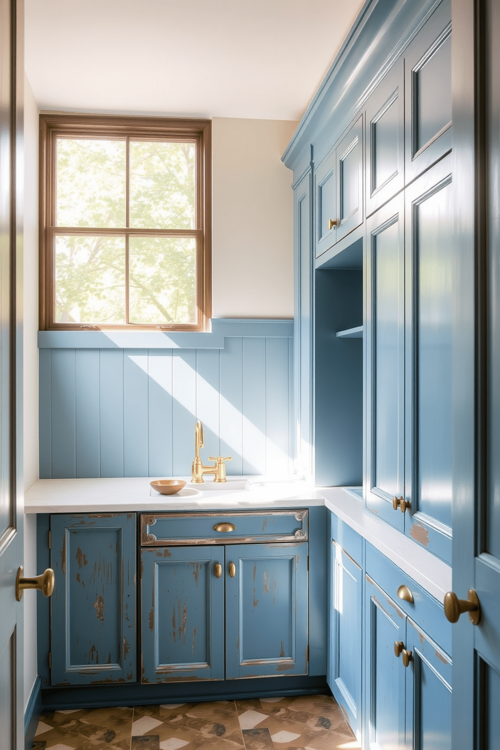 A rustic blue laundry room features cabinetry with a distressed finish, complemented by elegant brass fixtures that add a touch of sophistication. The space is illuminated by natural light streaming in through a large window, enhancing the warm, inviting atmosphere.