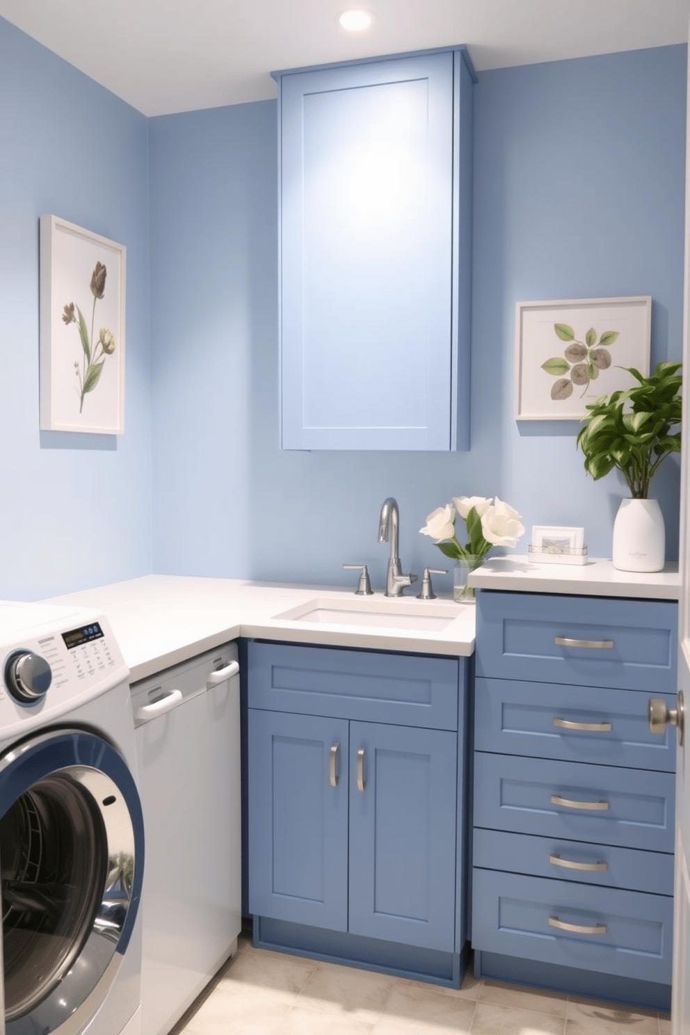 A serene laundry room with soft blue walls adorned with botanical prints that add a touch of nature. The space features a sleek white countertop with a deep sink, complemented by stylish storage cabinets in a matching blue hue.