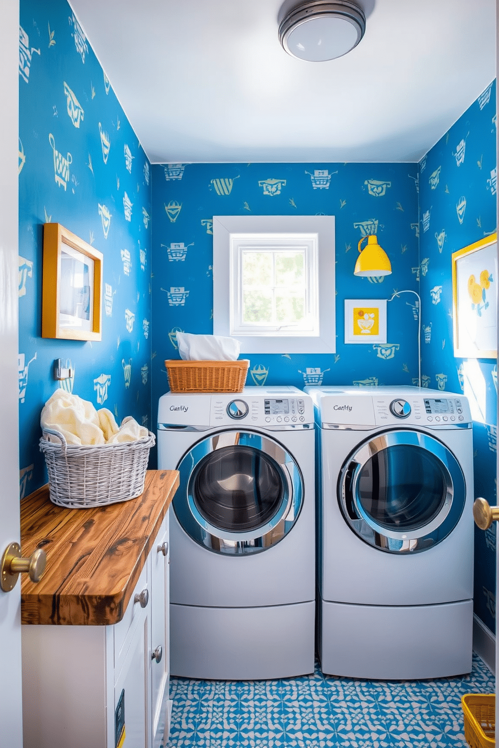 A whimsical laundry room features blue wallpaper adorned with playful patterns, creating a cheerful and inviting atmosphere. The space is equipped with a sleek white washing machine and dryer, complemented by a rustic wooden countertop for folding clothes. Bright yellow accents, such as a vintage laundry basket and cheerful artwork, add pops of color to the room. Natural light streams in through a small window, illuminating the space and enhancing the playful design.