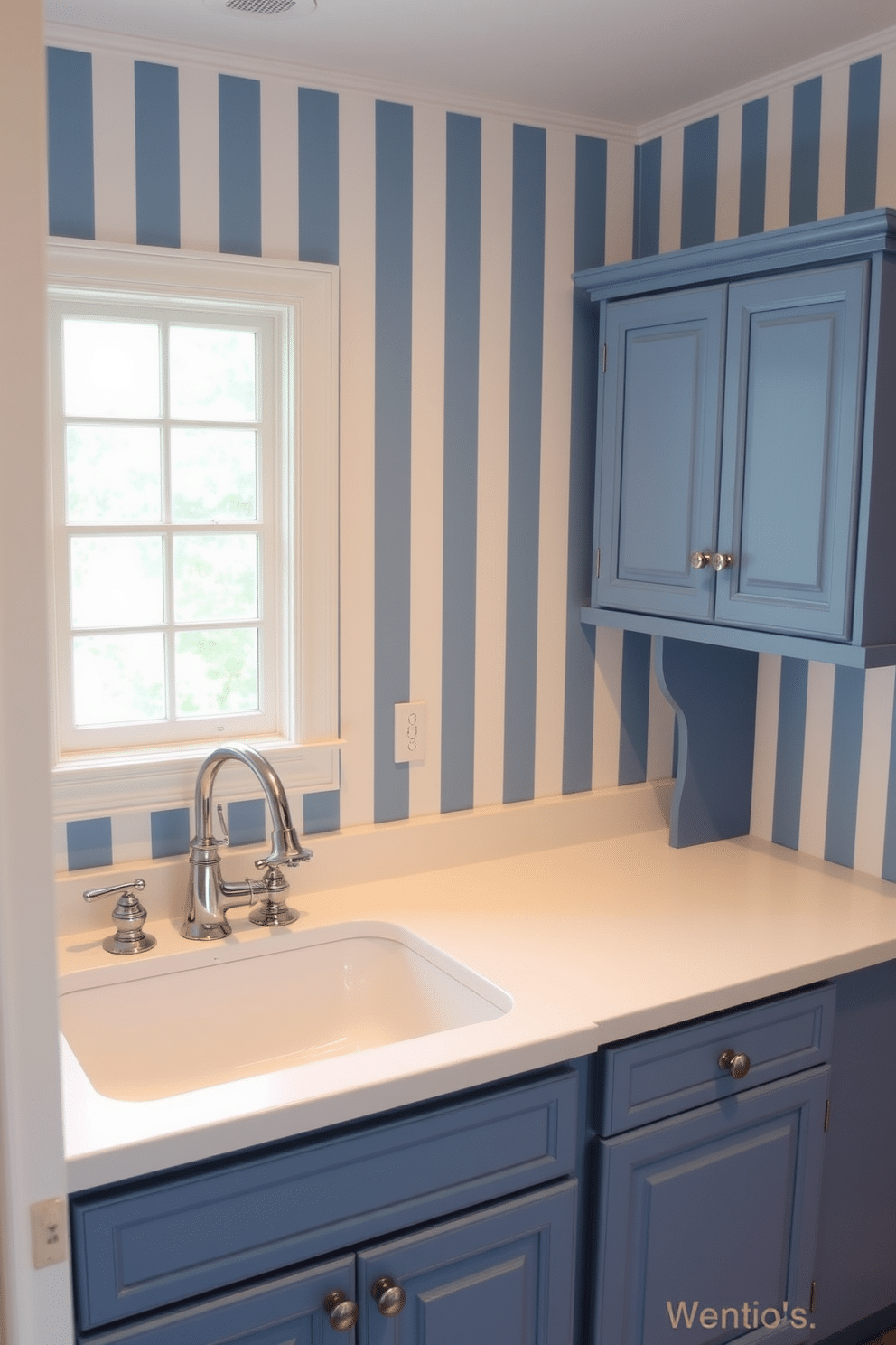 A charming laundry room featuring classic blue and white striped decor. The walls are adorned with vertical blue and white stripes, creating a fresh and inviting atmosphere. In the center, a spacious white countertop offers ample space for folding clothes, complemented by blue cabinetry that provides stylish storage. A vintage-style sink with a polished chrome faucet sits beneath a window, allowing natural light to illuminate the room.