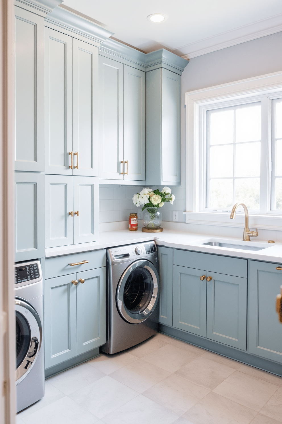 A bright and airy laundry room features muted teal cabinets adorned with elegant brass hardware, providing a stylish contrast. The space is complemented by a white countertop that offers ample workspace, while a large window allows natural light to flood in, enhancing the room's inviting atmosphere.