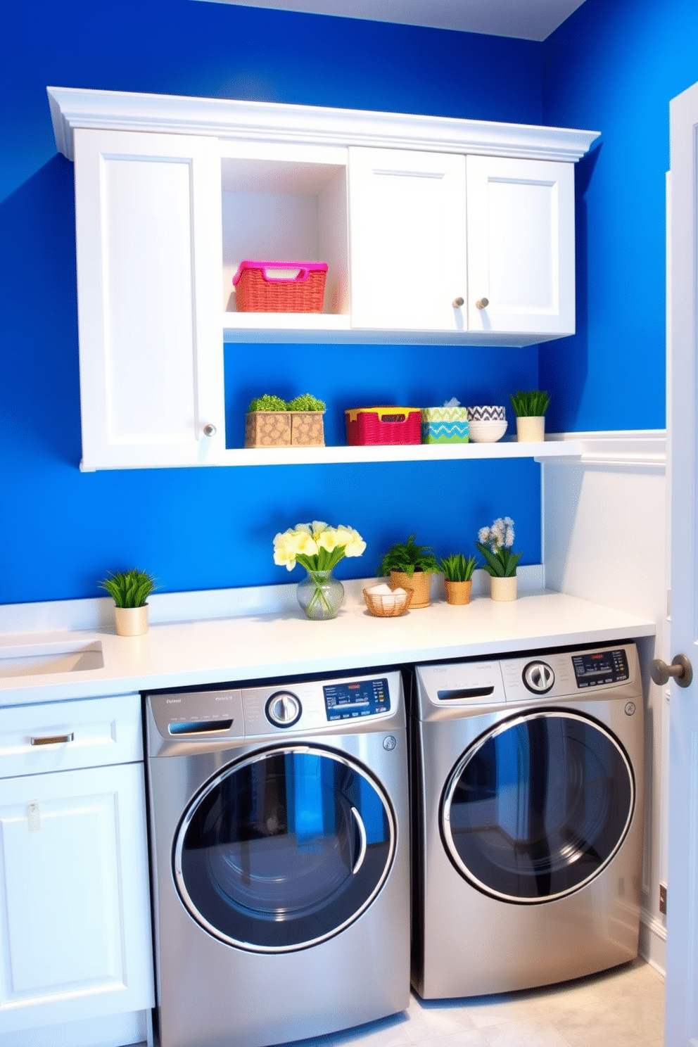 A bright blue accent wall with crisp white trim creates a vibrant focal point in this laundry room. The space features a sleek white countertop with built-in storage cabinets below, complemented by stylish open shelving above for easy access to laundry essentials. A modern washer and dryer are seamlessly integrated into the cabinetry, enhancing the room's functionality. Decorative elements like colorful baskets and potted plants add a cheerful touch, making laundry day feel more enjoyable.