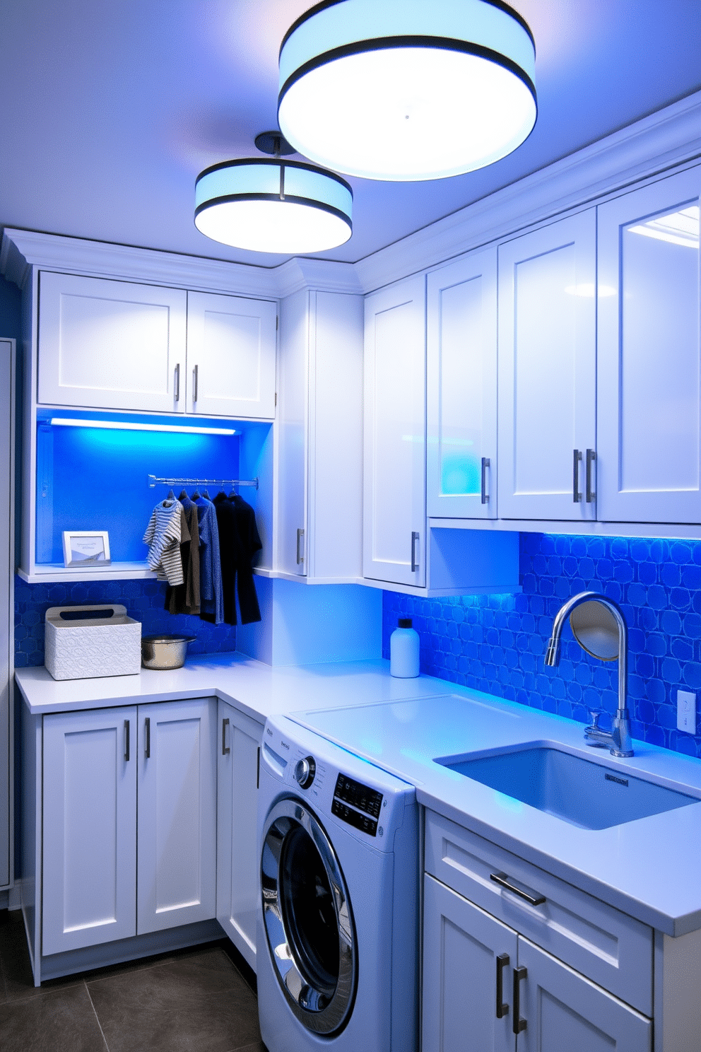 Stylish blue lighting fixtures for ambiance. The fixtures feature sleek, modern designs with a soft blue glow, creating a calming atmosphere throughout the space. Blue Laundry Room Design Ideas. The laundry room is designed with crisp white cabinetry and a vibrant blue backsplash, complemented by a spacious countertop for folding clothes and ample storage for laundry essentials.