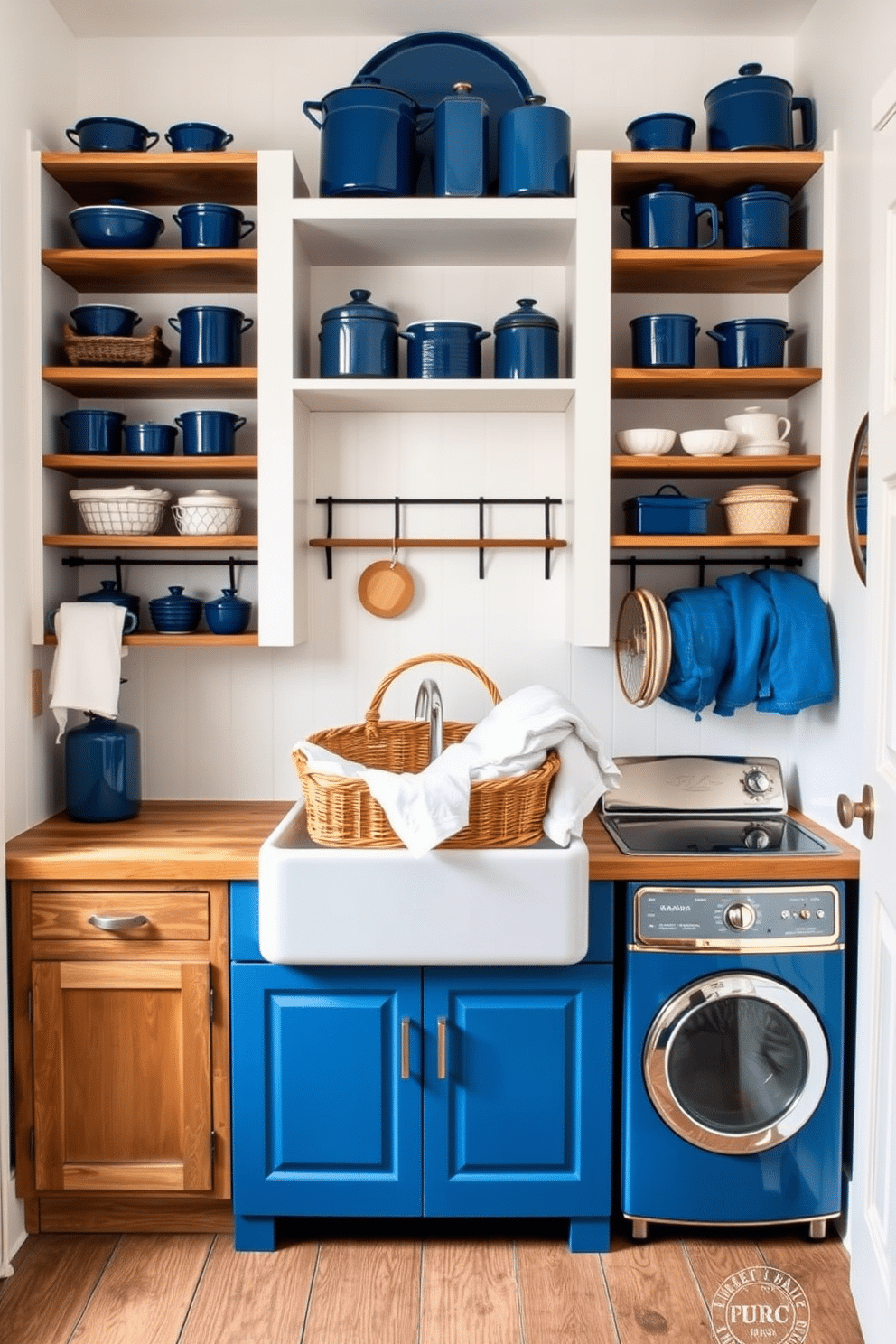 A vintage blue enamelware laundry room features a charming rustic aesthetic. The walls are painted a soft white, complementing the deep blue of the enamelware displayed on open shelves. In the center, a farmhouse sink sits atop a reclaimed wood countertop, surrounded by vintage-inspired cabinetry. A woven basket filled with fresh linens adds a touch of warmth, while a retro washing machine in a matching blue hue completes the look.