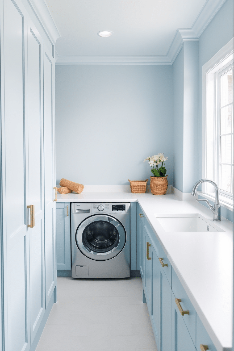 A serene laundry room designed in a light blue color palette creates a calming atmosphere. The space features a sleek, white countertop with a built-in sink, complemented by soft, natural light filtering through a large window. To the left, a row of modern cabinets in a matching light blue provides ample storage, while decorative items like woven baskets add texture. The floor is adorned with a subtle, white tile pattern that enhances the overall tranquility of the room.