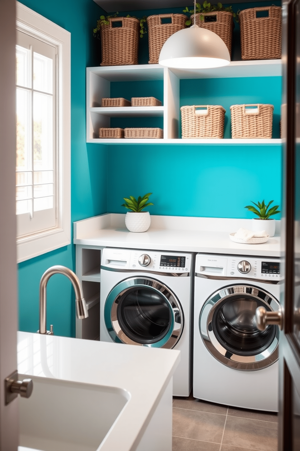 Bright turquoise walls create a vibrant backdrop in this modern laundry room, complemented by sleek, stainless steel fixtures. The space features a large, white countertop for folding clothes, with open shelving above displaying neatly arranged baskets and plants for a touch of greenery.